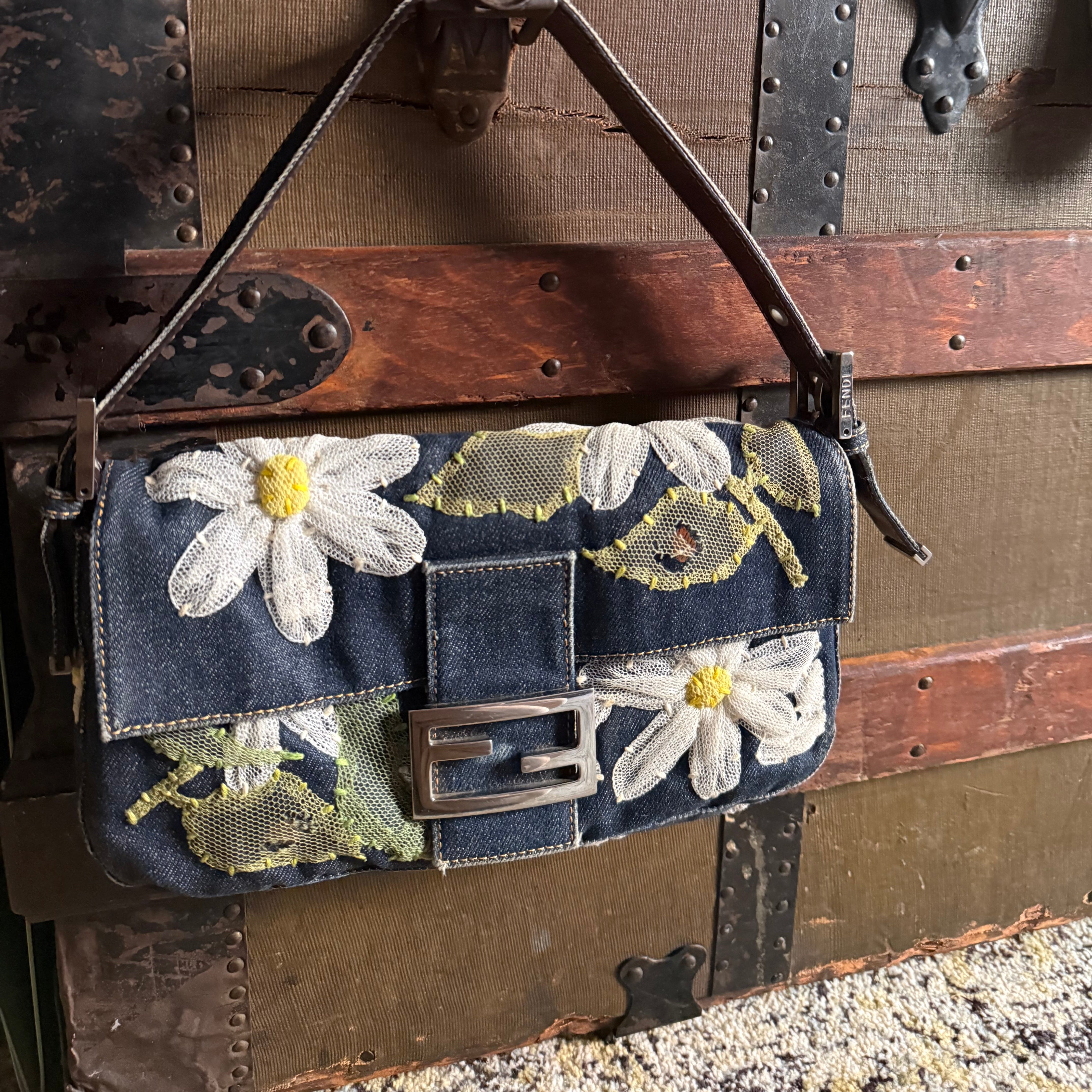 Fendi Baguette retro y2k denim with mesh flower embroidery authentic