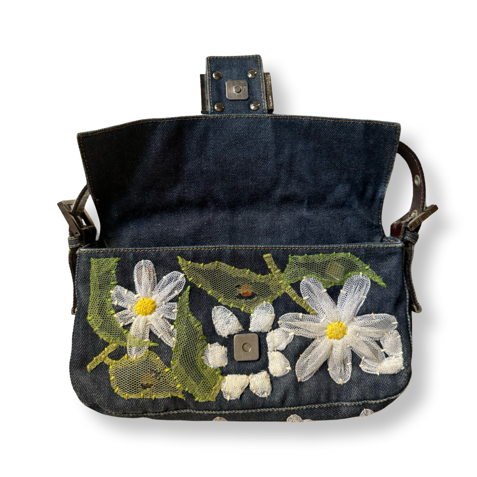 Fendi Denim Floral Embroidered Baguette