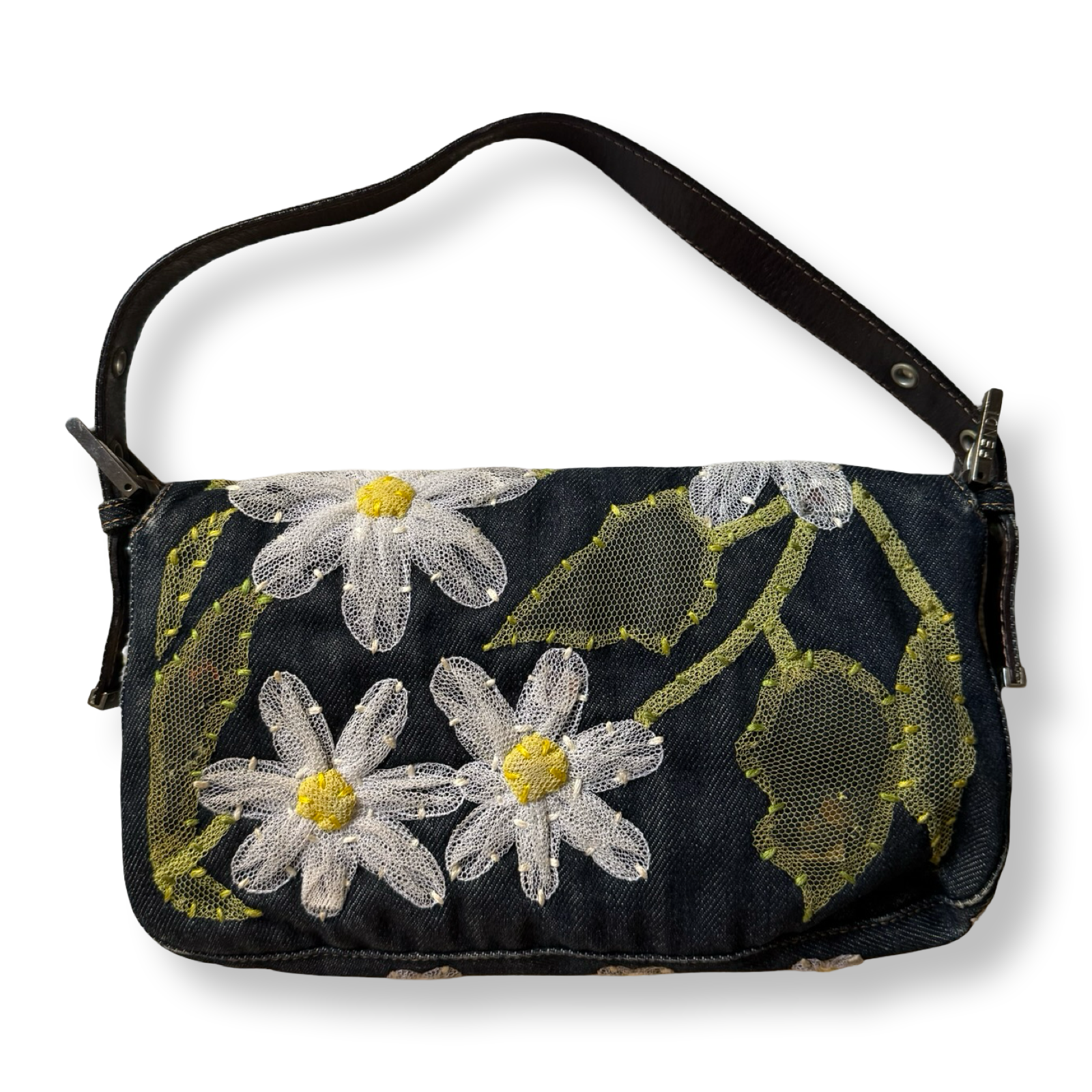 Fendi Denim Floral Embroidered Baguette
