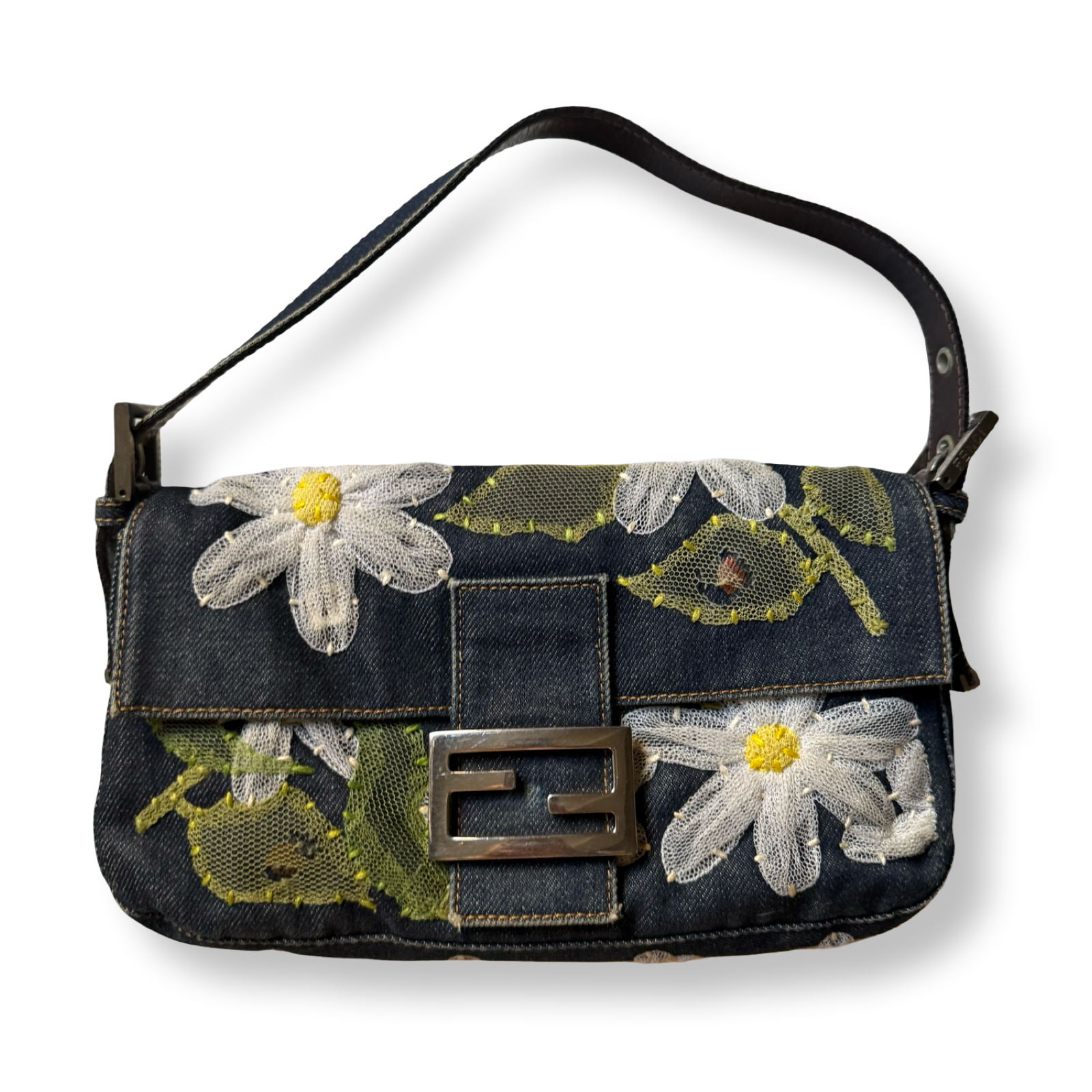 Fendi Baguette retro y2k vintage authentic denim with flower mesh embroidery