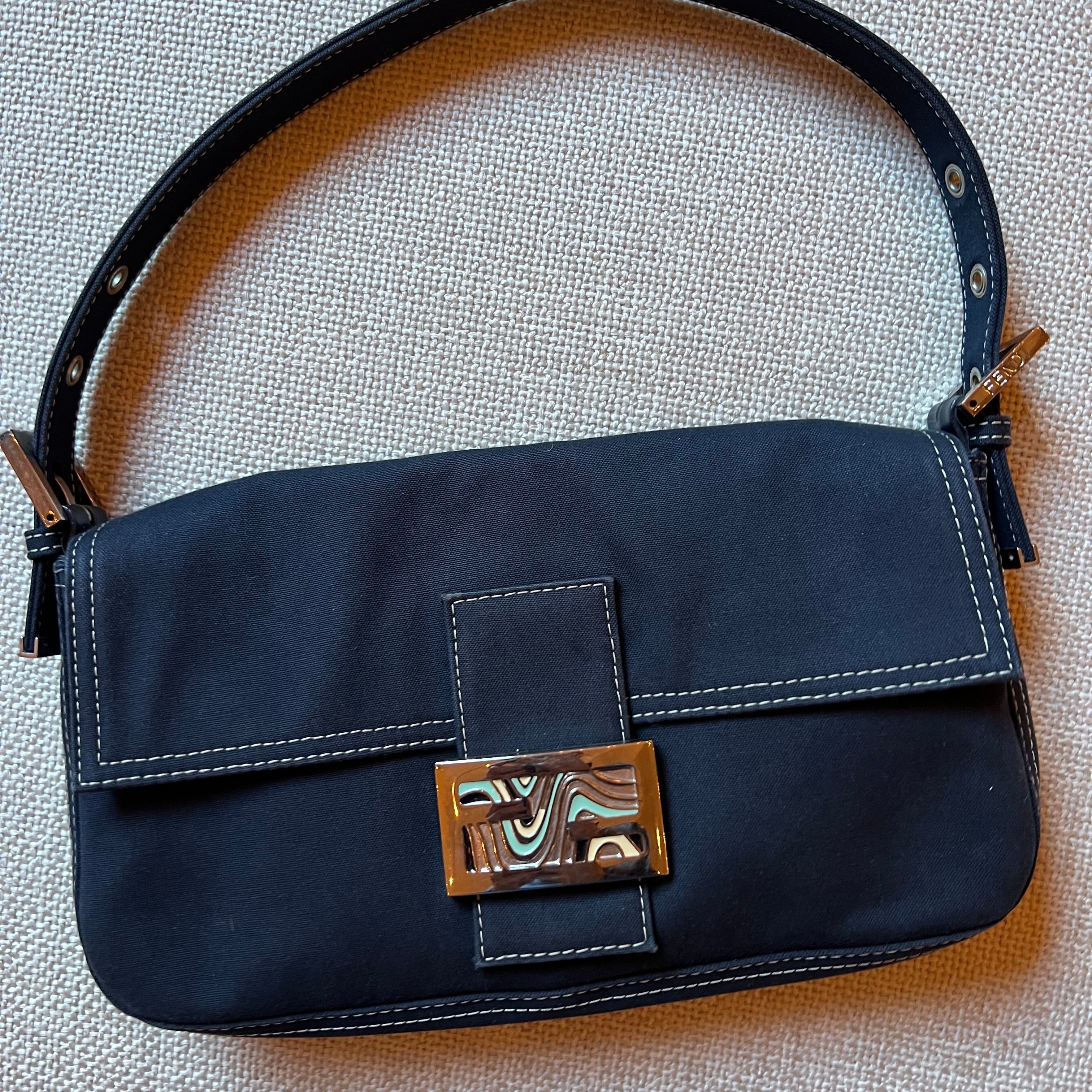 Fendi Baguette 2000s Dark rinse denim look canvas shoulder bag