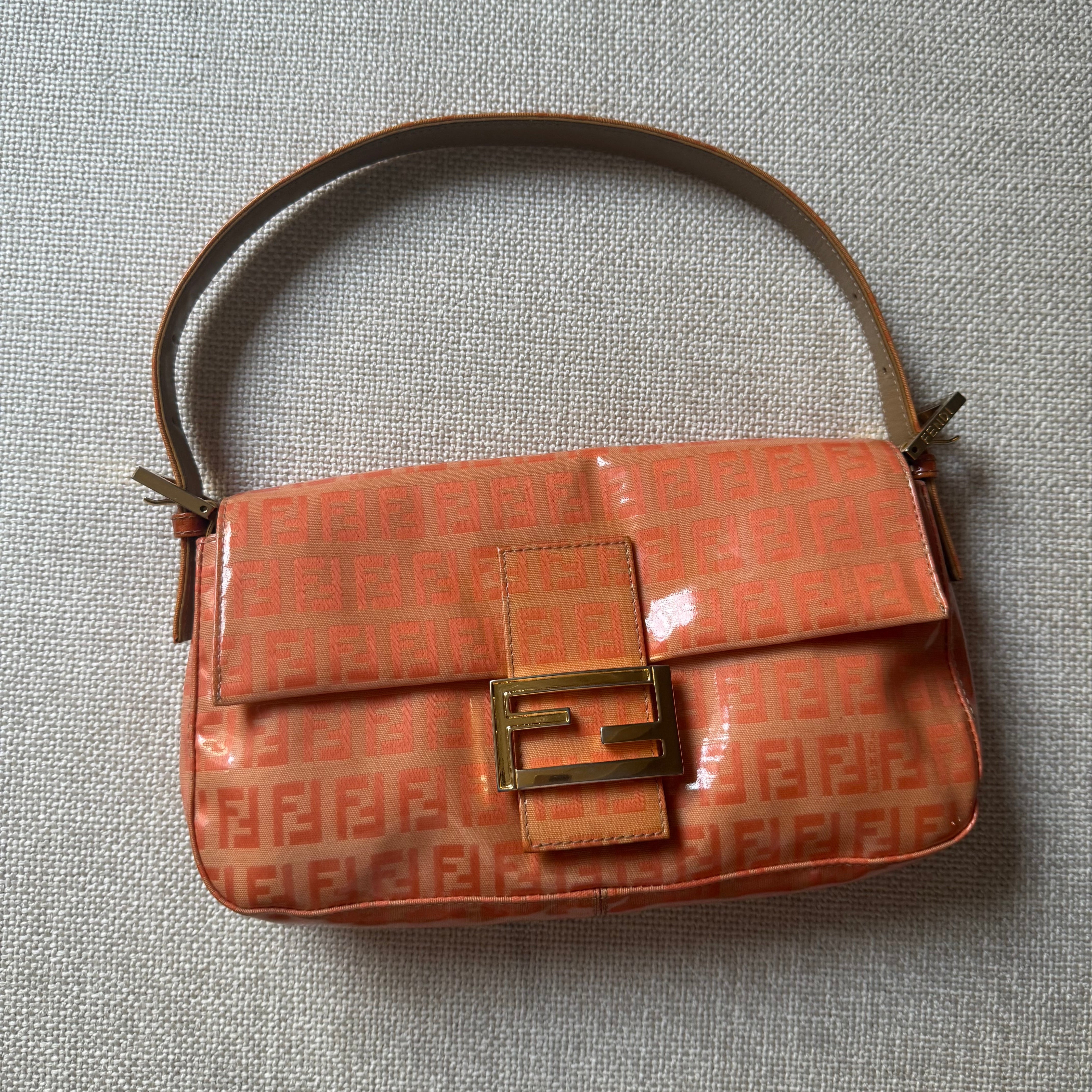 Authentic Vintage Fendi baguette patent leather orange zucchini pattern gold hardware