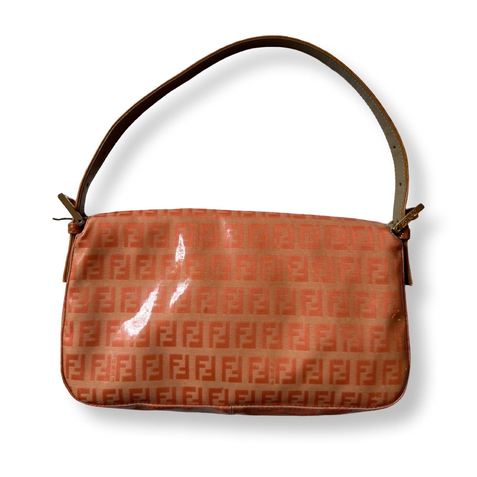 Vintage authentic Fendi baguette patent leather shoulder bag tangerine orange