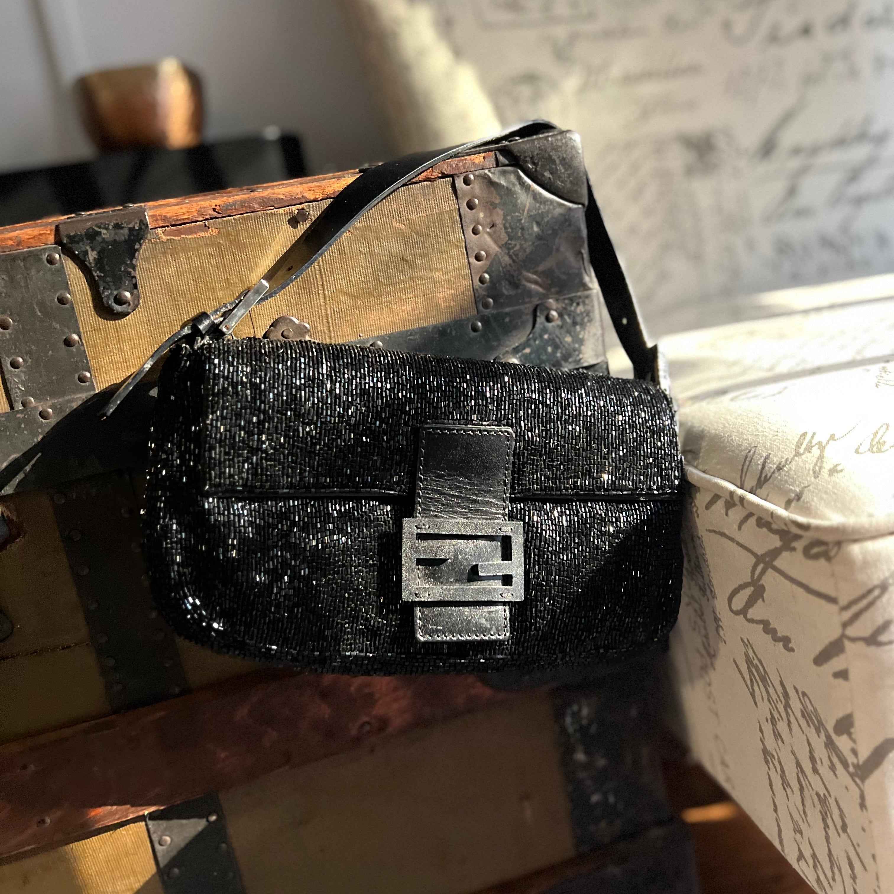 Vintage Fendi Baguette Beaded Black Handbag