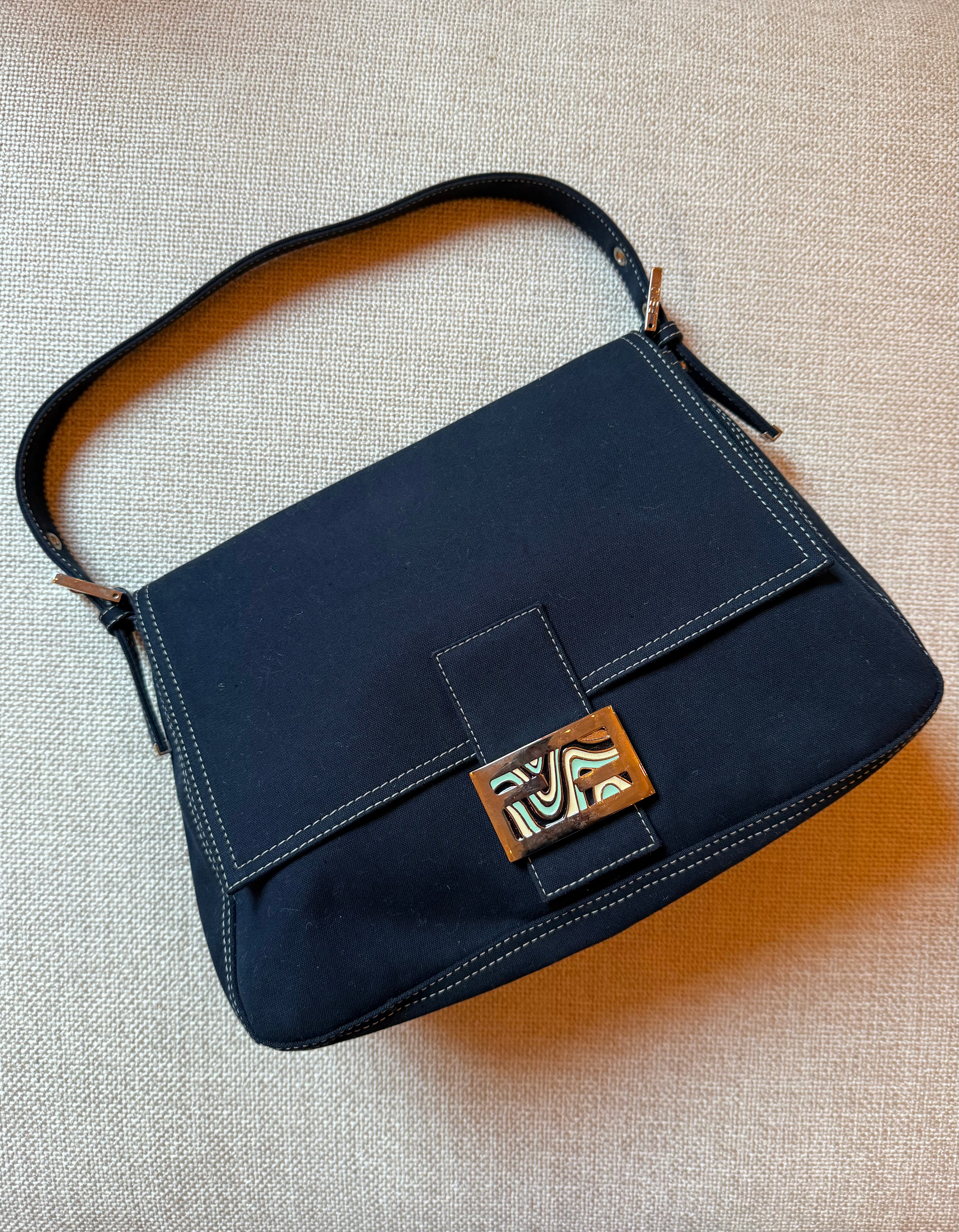 Fendi blue denim canvas  Mama Baguette with marble enamel