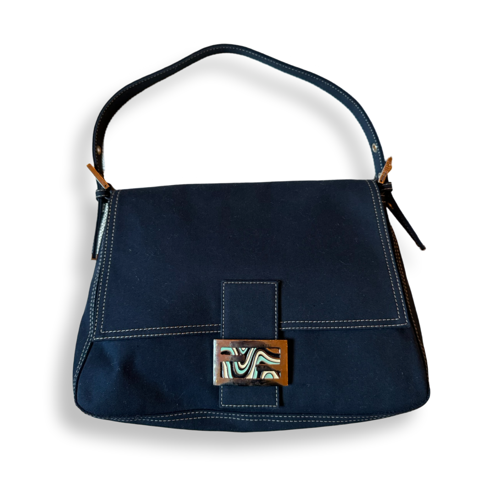 Fendi retro y2k canvas denim mama baguette blue swirls silver hardware