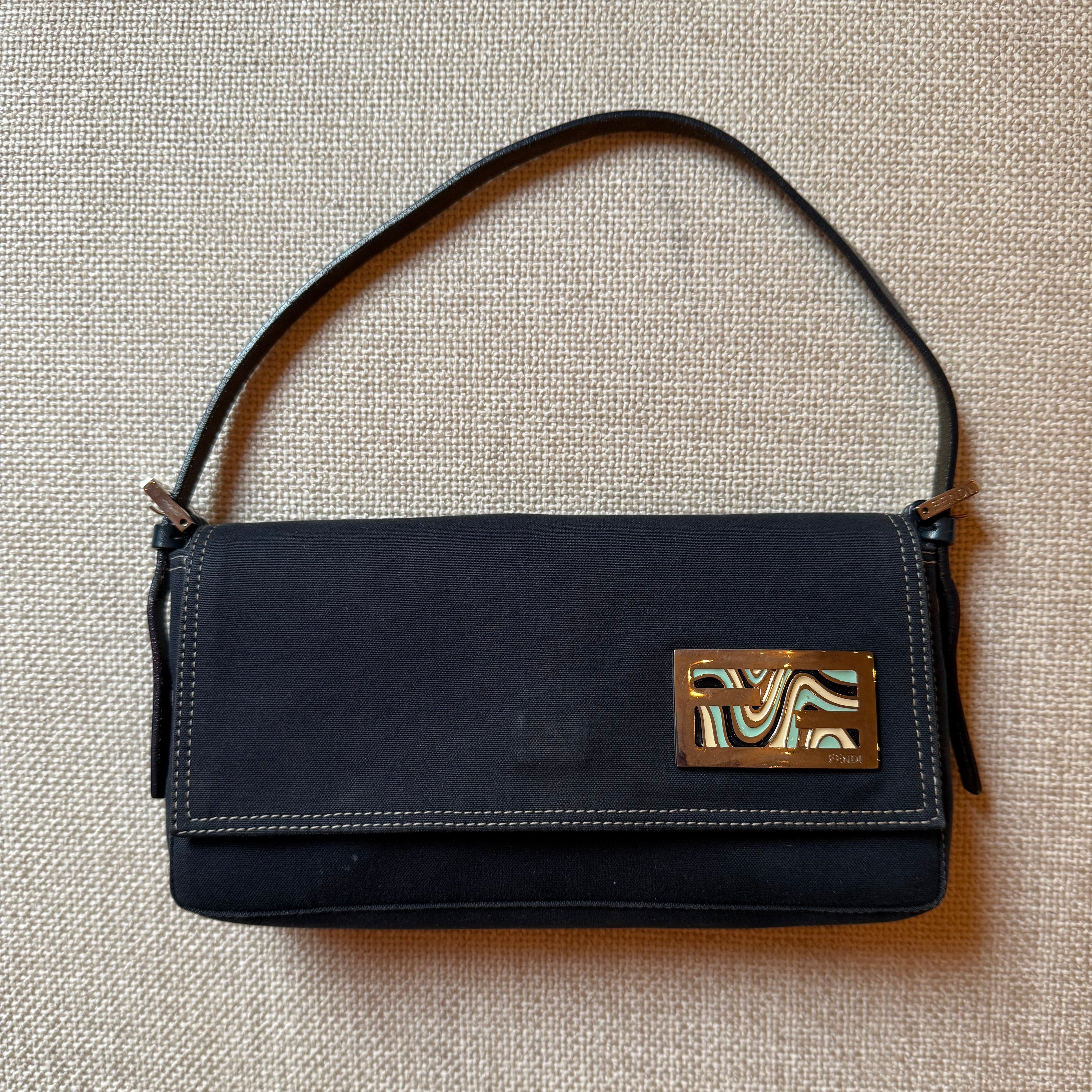 Fendi Navy Canvas Shoulder Bag y2k with enamel blue swirls FF