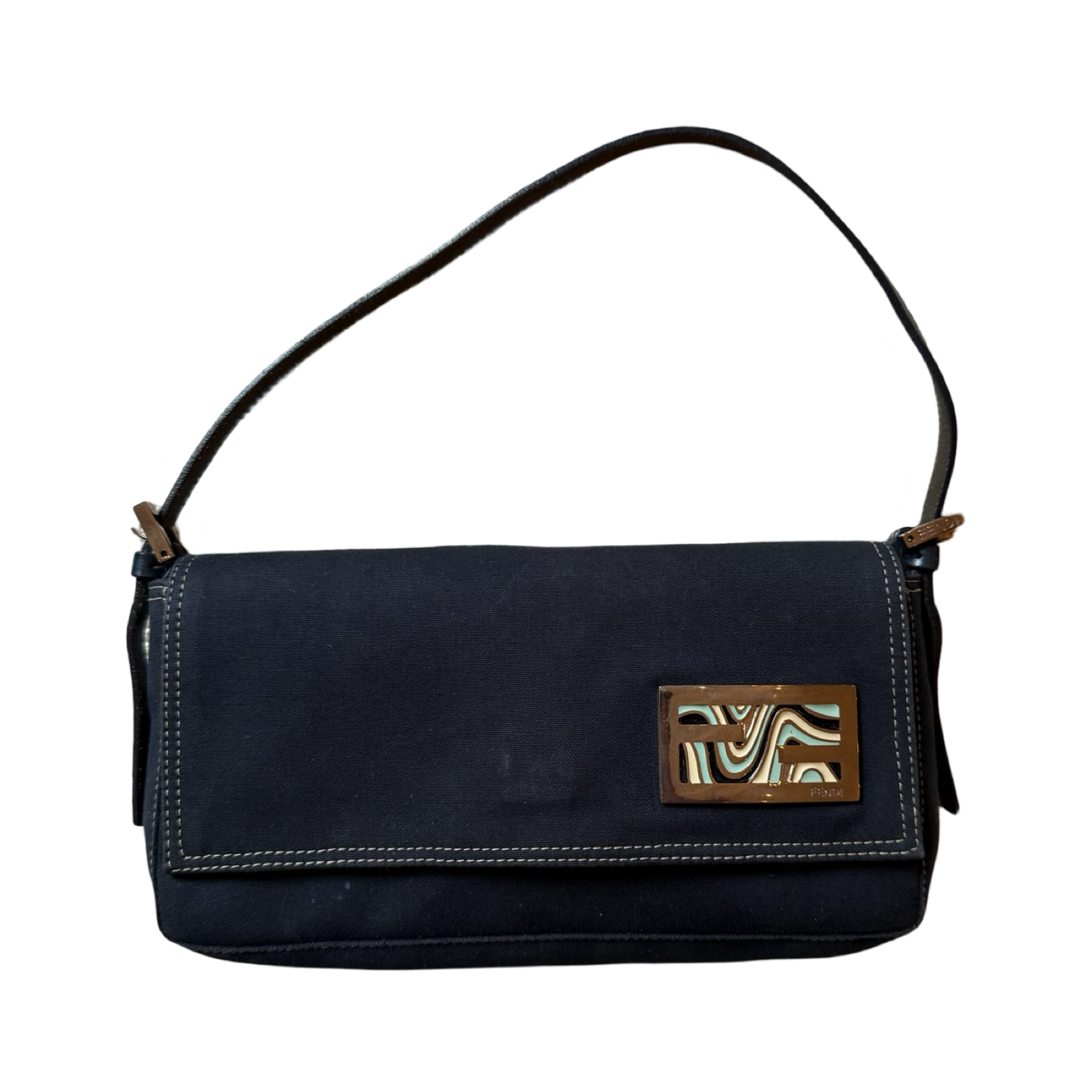 Fendi Early 2000s Denim Canvas Shoulder Bag with blue swirls