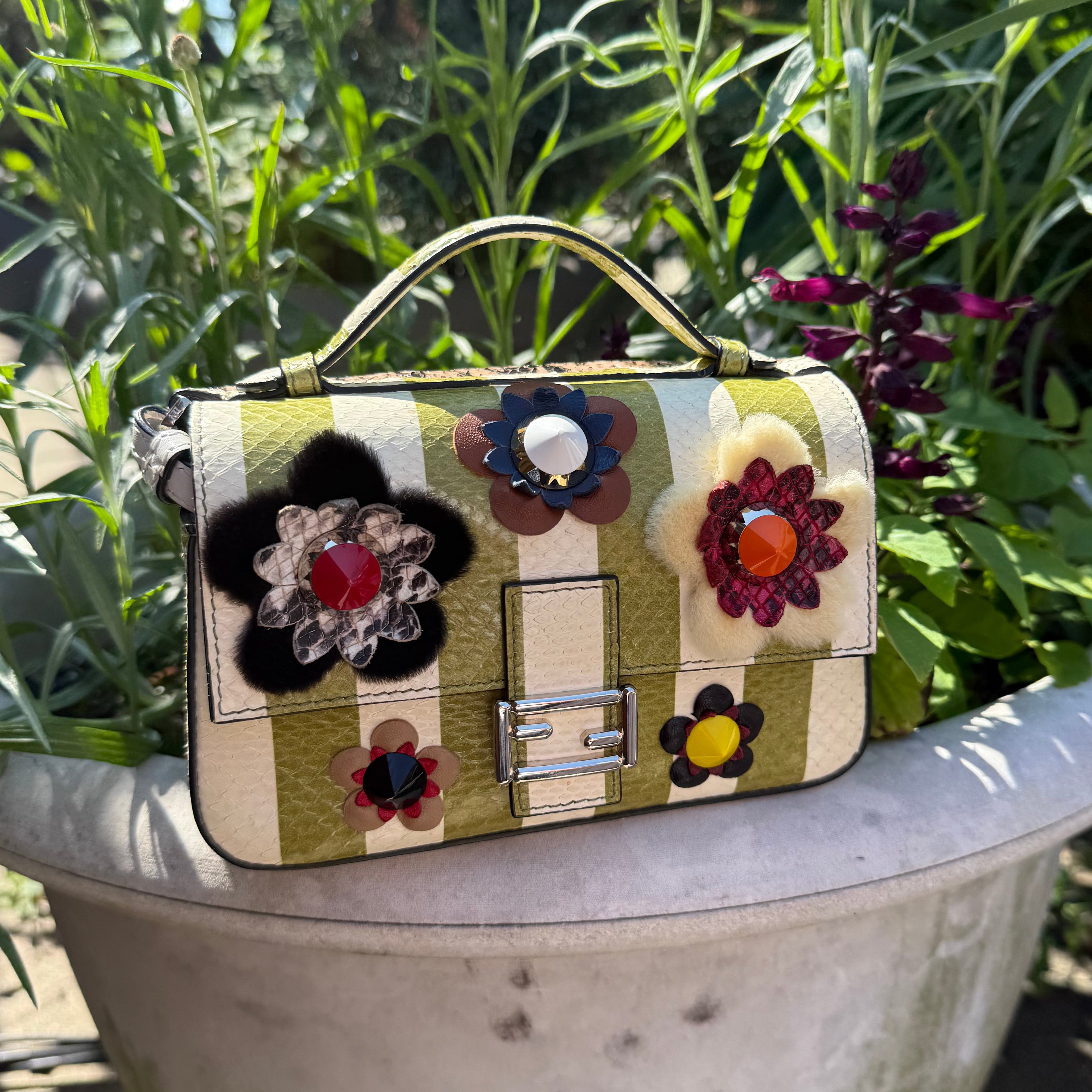 Fendi 2014 Double Sided Baguette Python Leather Green stripes w floral embellishments + brown snakeskin side micro dual crossbody authentic
