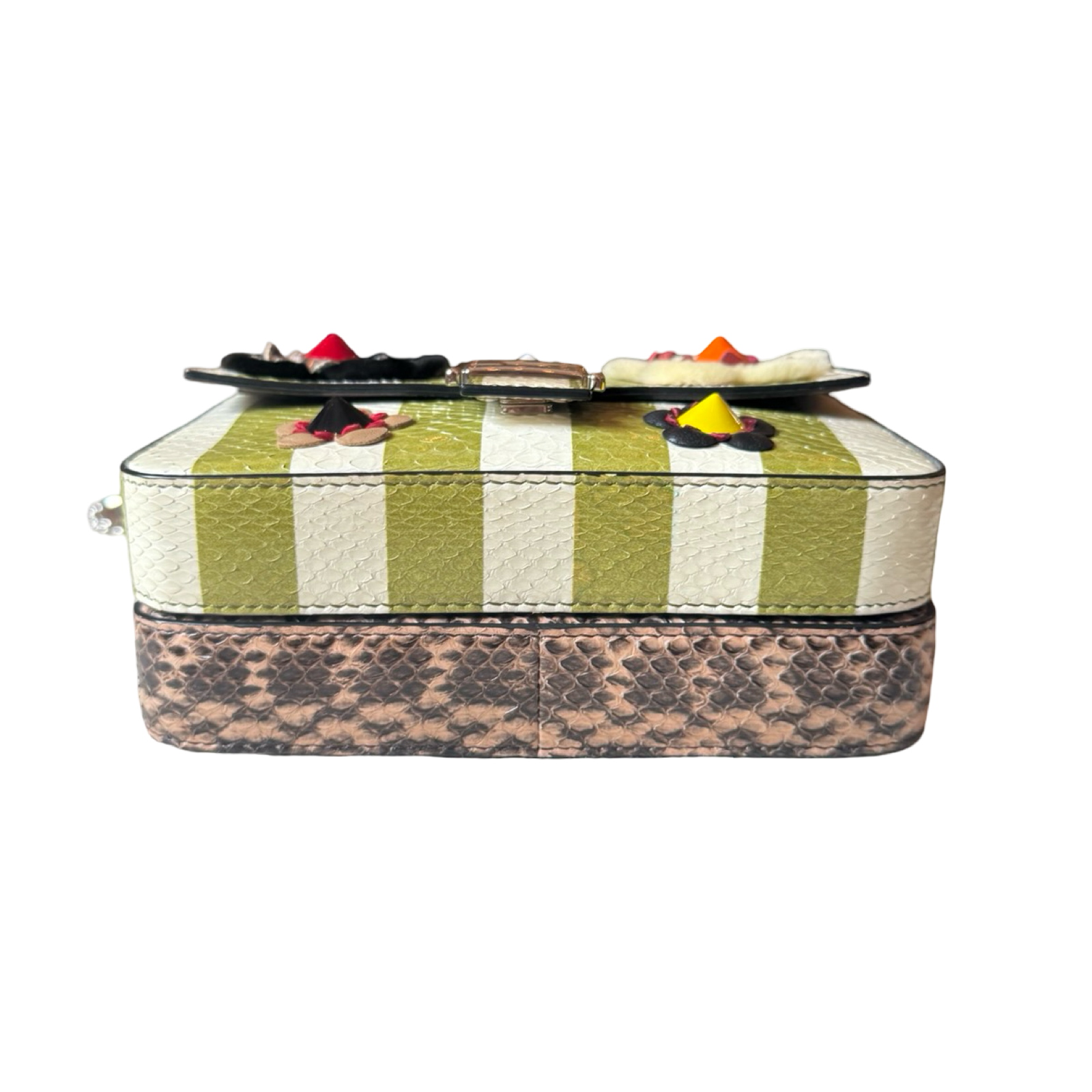 Fendi 2014 Double Sided Baguette Python Leather Green stripes w floral embellishments + brown snakeskin side micro dual crossbody authentic