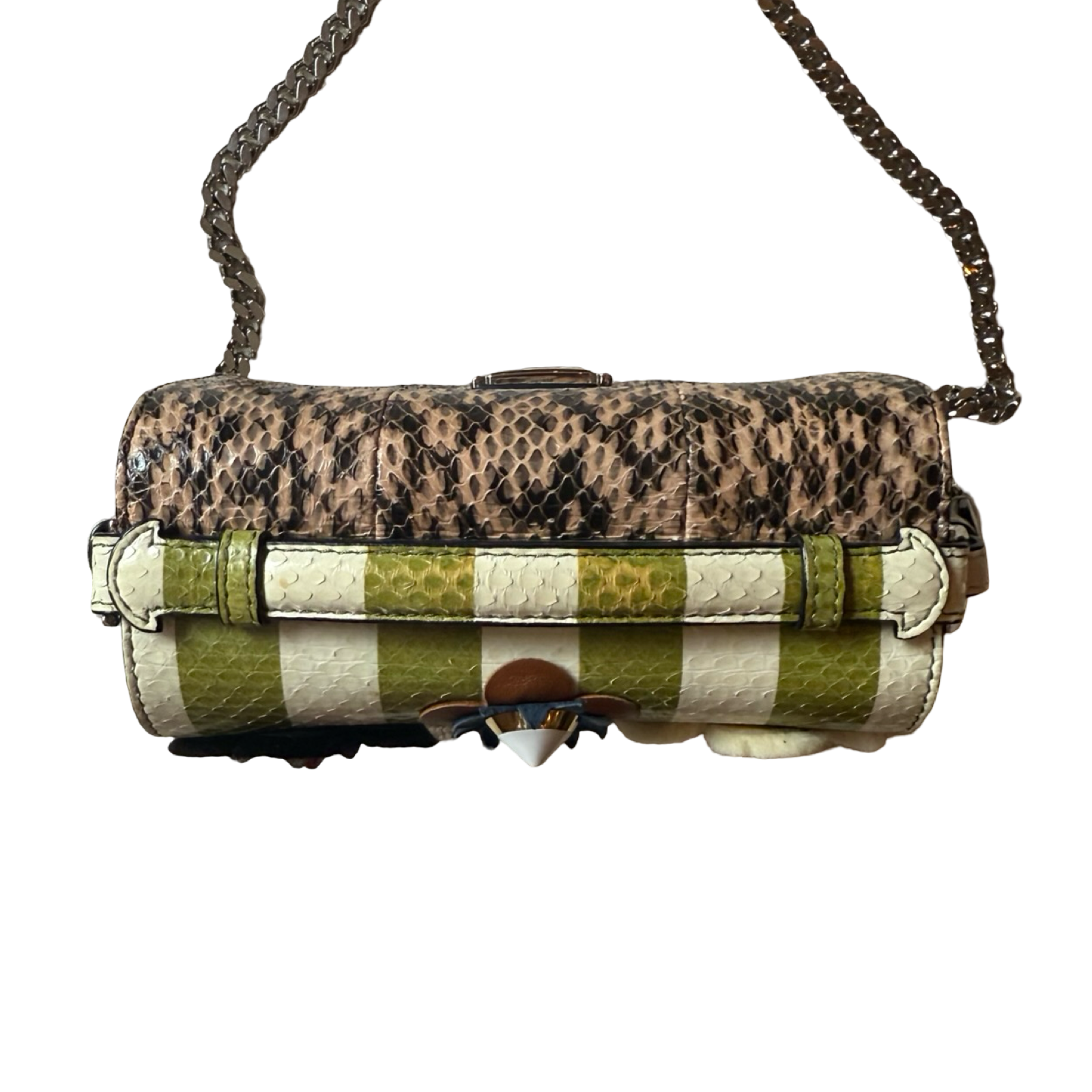 Fendi 2014 Double Sided Baguette Python Leather Green stripes w floral embellishments + brown snakeskin side micro dual crossbody authentic