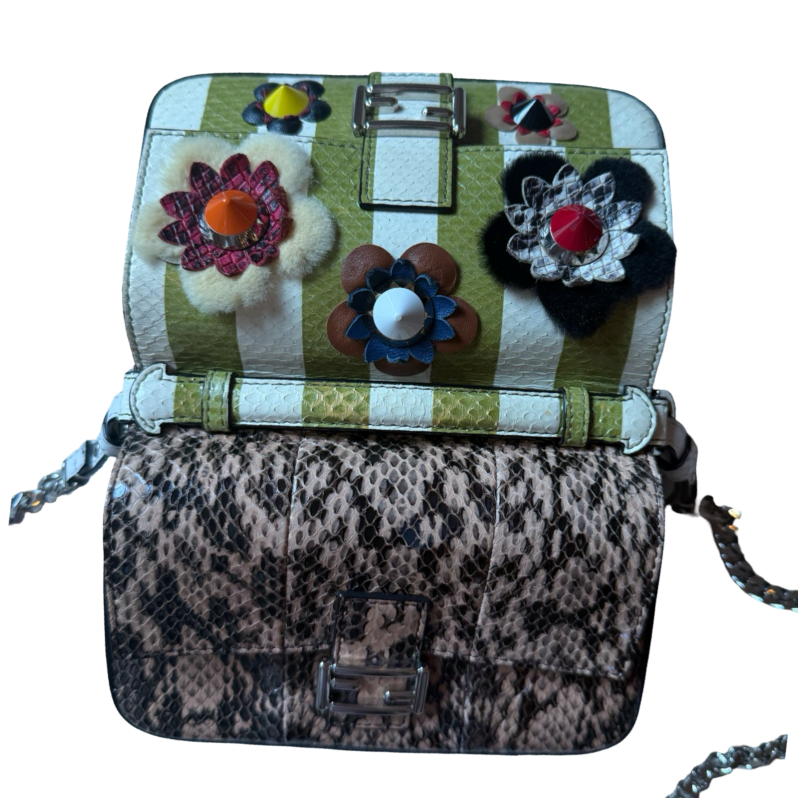 Fendi 2014 Double Sided Baguette Python Leather Green stripes w floral embellishments + brown snakeskin side micro dual crossbody authentic