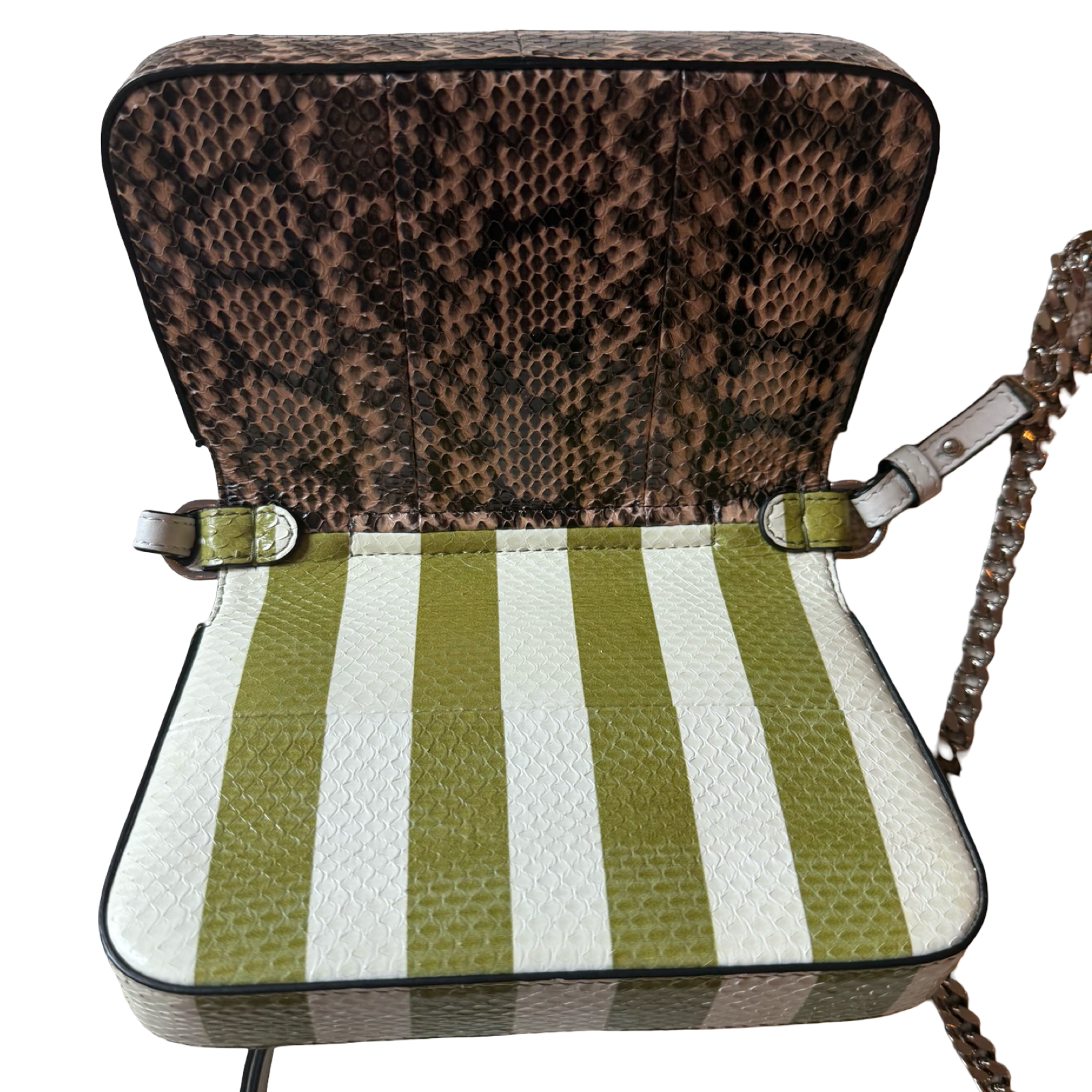 Fendi 2014 Double Sided Baguette Python Leather Green stripes w floral embellishments + brown snakeskin side micro dual crossbody authentic
