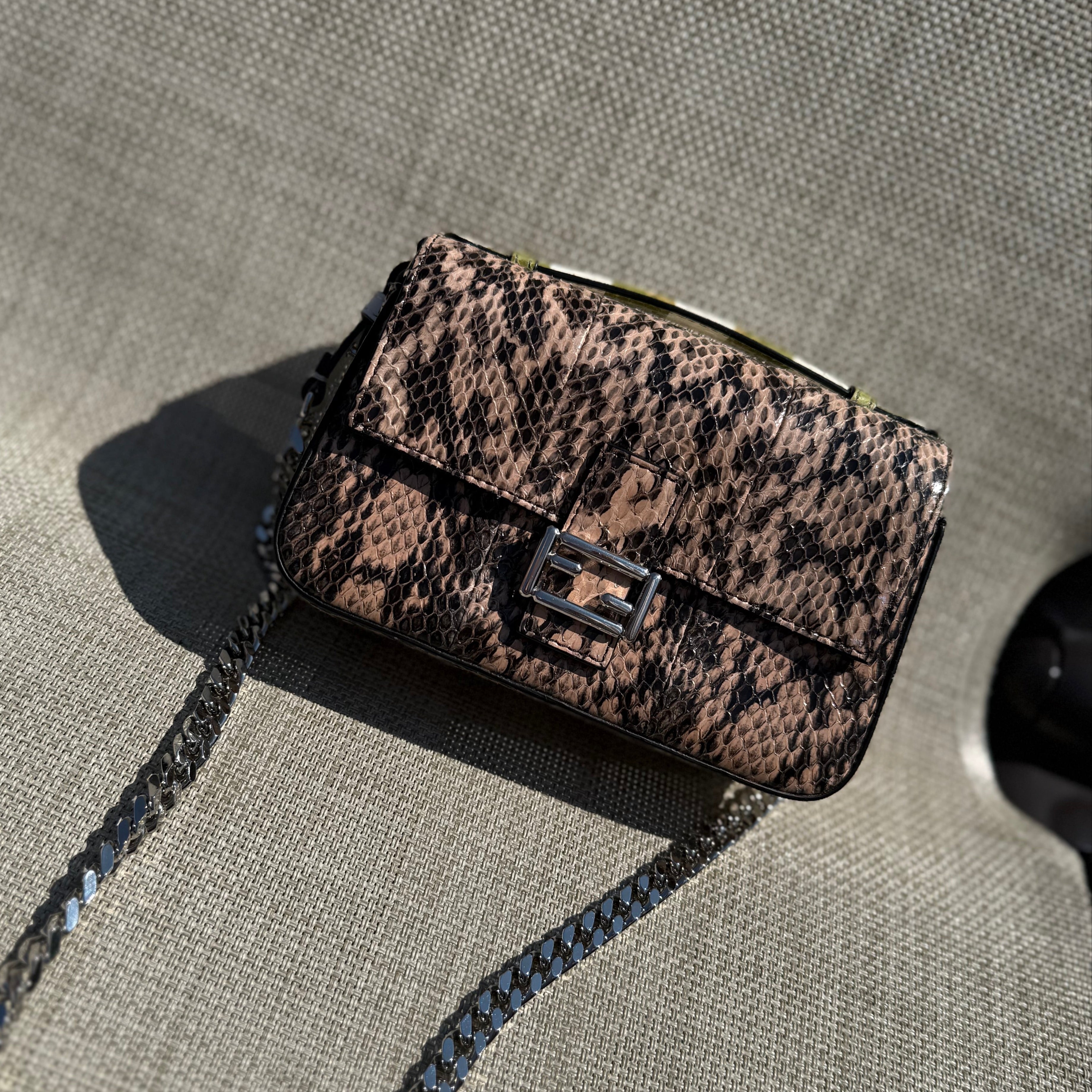 Fendi 2014 Double Sided Baguette Python Leather Green stripes w floral embellishments + brown snakeskin side micro dual crossbody authentic
