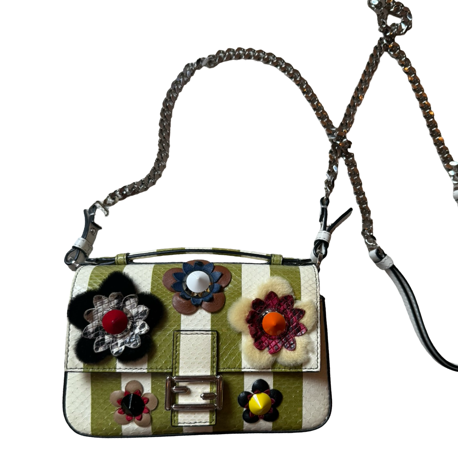 Fendi 2014 Double Sided Baguette Python Leather Green stripes w floral embellishments + brown snakeskin side micro dual crossbody authentic