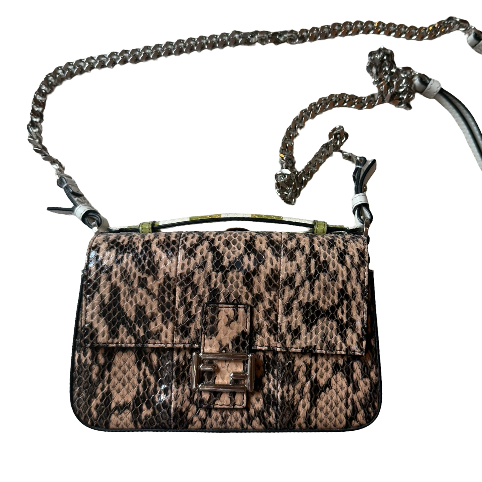 Fendi 2014 Double Sided Baguette Python Leather Green stripes w floral embellishments + brown snakeskin side micro dual crossbody authentic