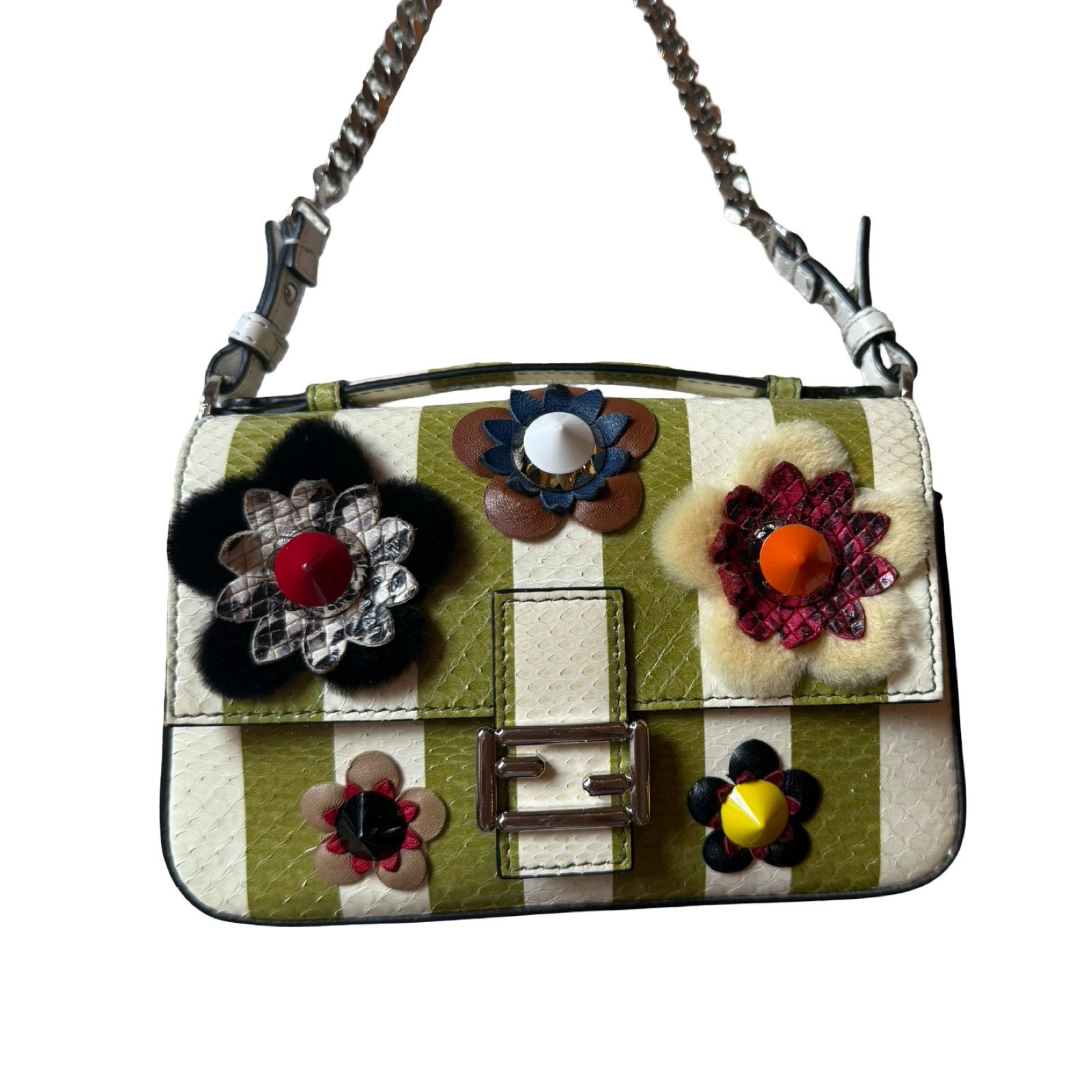 Fendi 2014 Double Sided Baguette Python Leather Green stripes w floral embellishments + brown snakeskin side micro dual crossbody authentic