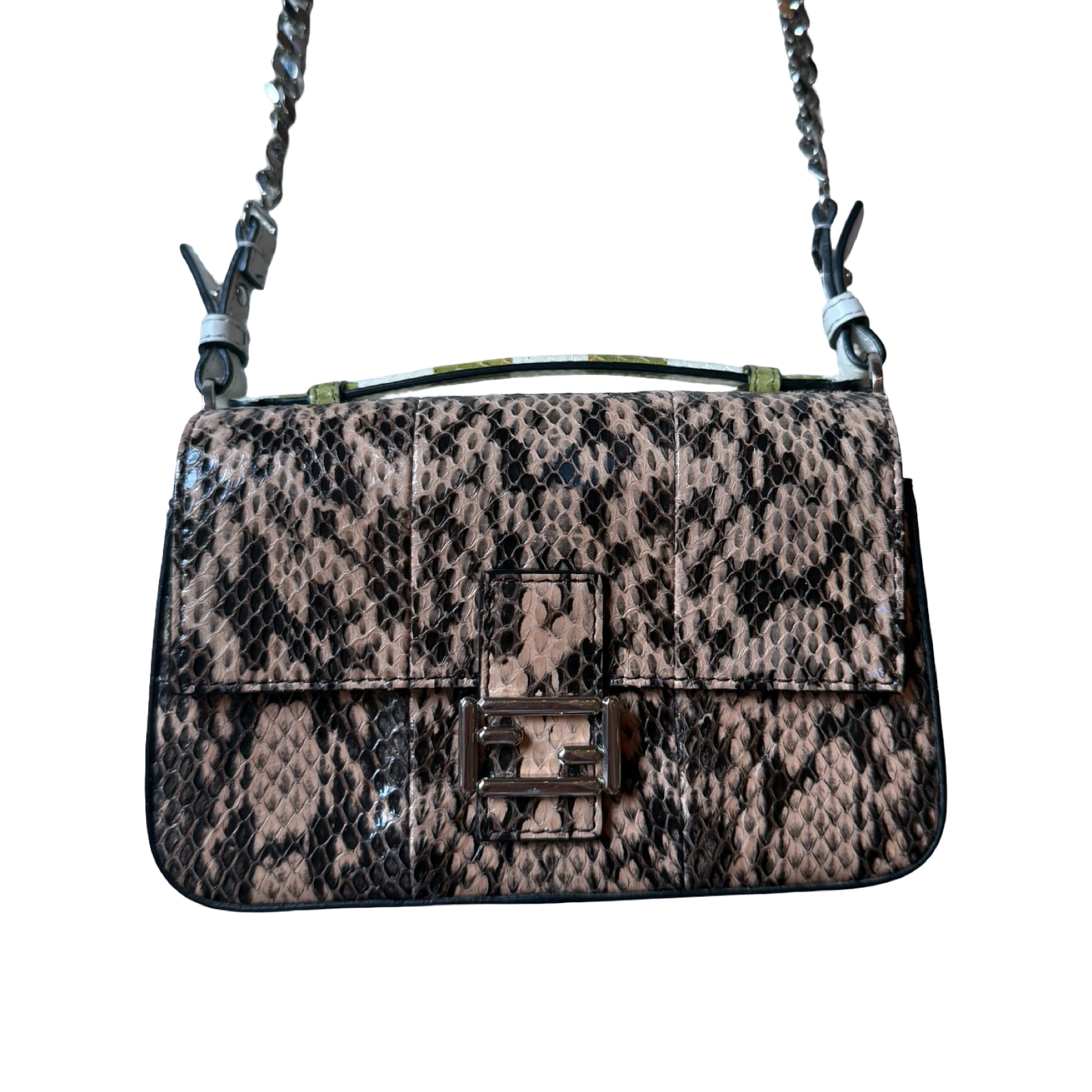 Fendi 2014 Double Sided Baguette Python Leather Green stripes w floral embellishments + brown snakeskin side micro dual crossbody authentic