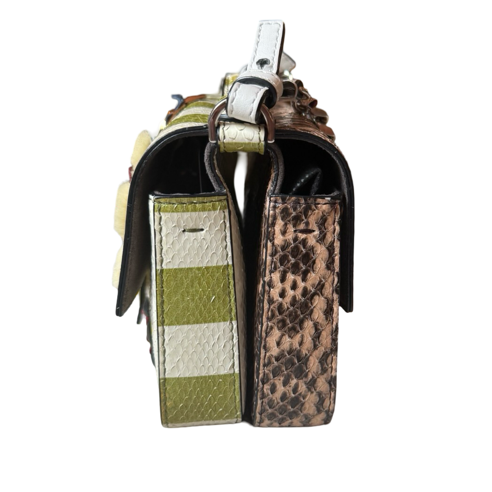 Fendi 2014 Double Sided Baguette Python Leather Green stripes w floral embellishments + brown snakeskin side micro dual crossbody authentic