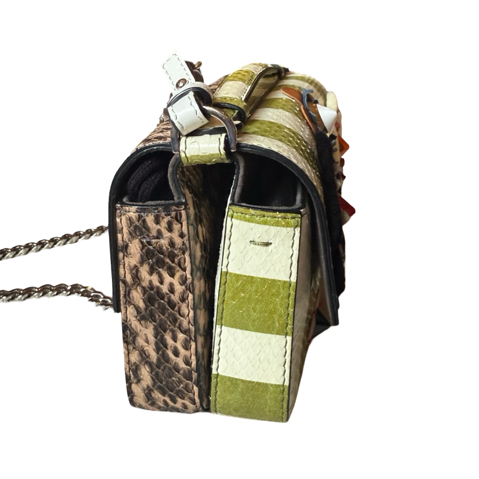 Fendi 2014 Double Sided Baguette Python Leather Green stripes w floral embellishments + brown snakeskin side micro dual crossbody authentic