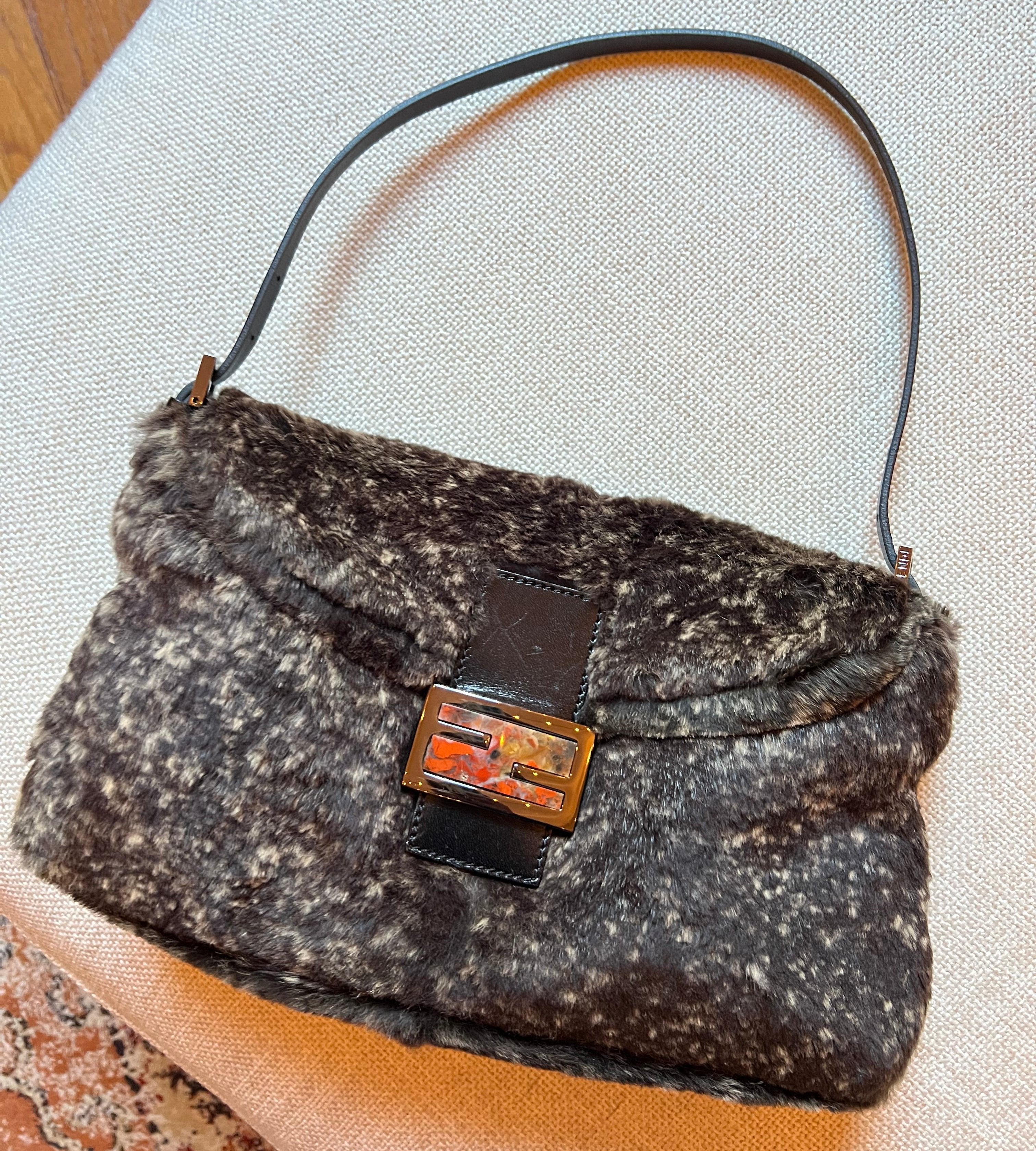 Fendi Baguette fur mamma shoulder bag with marble logo buckle