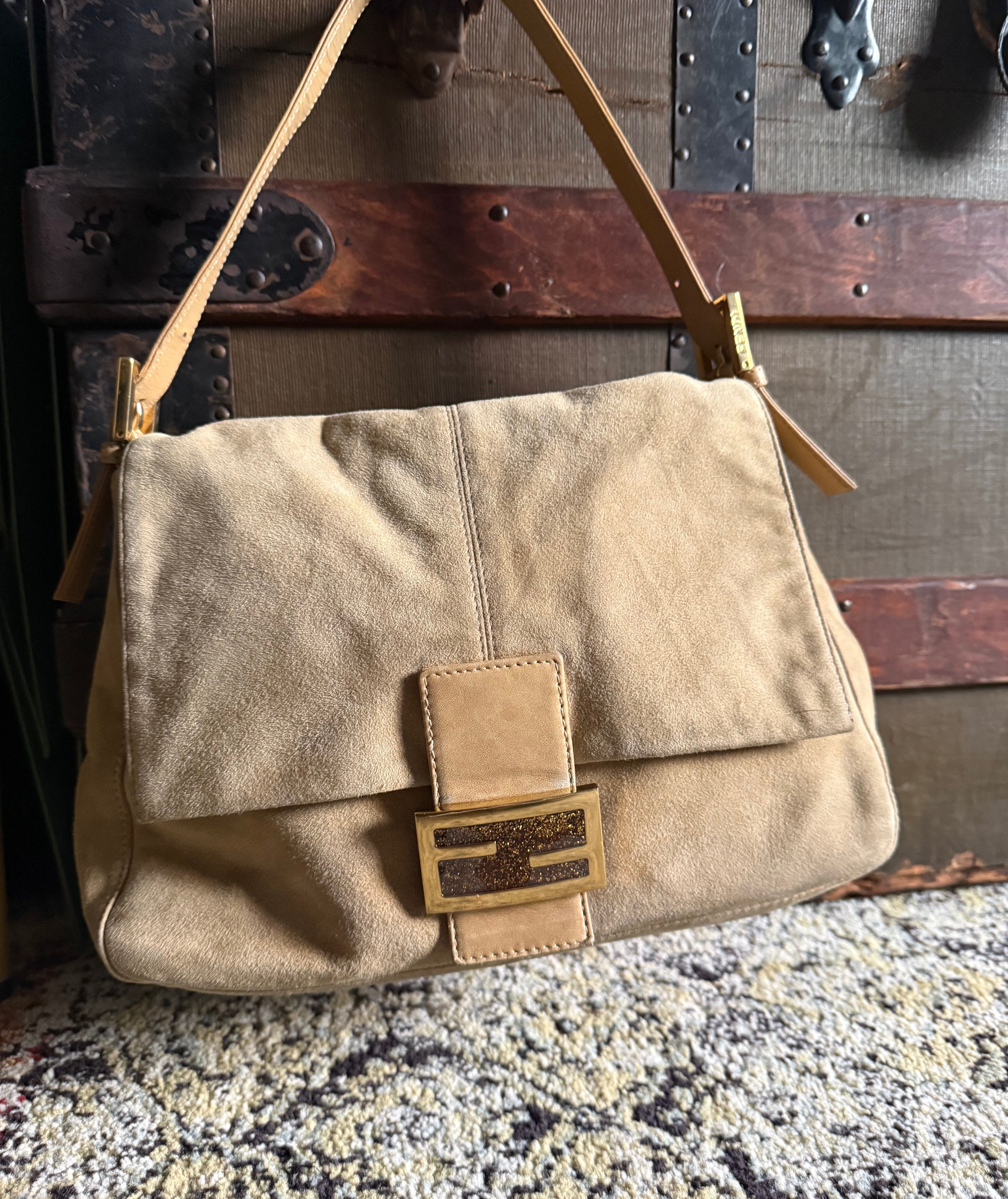 Fendi Mama Baguette Suede Special Edition Buckle with glitter gold hardware authentic