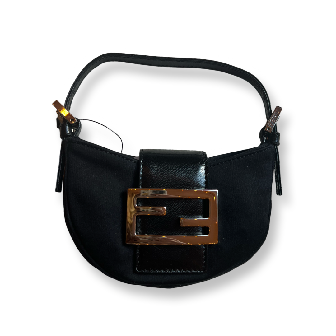 Fendi Mini Croissant Handbag Black Fabric with Black Leather Trim and silver hardware