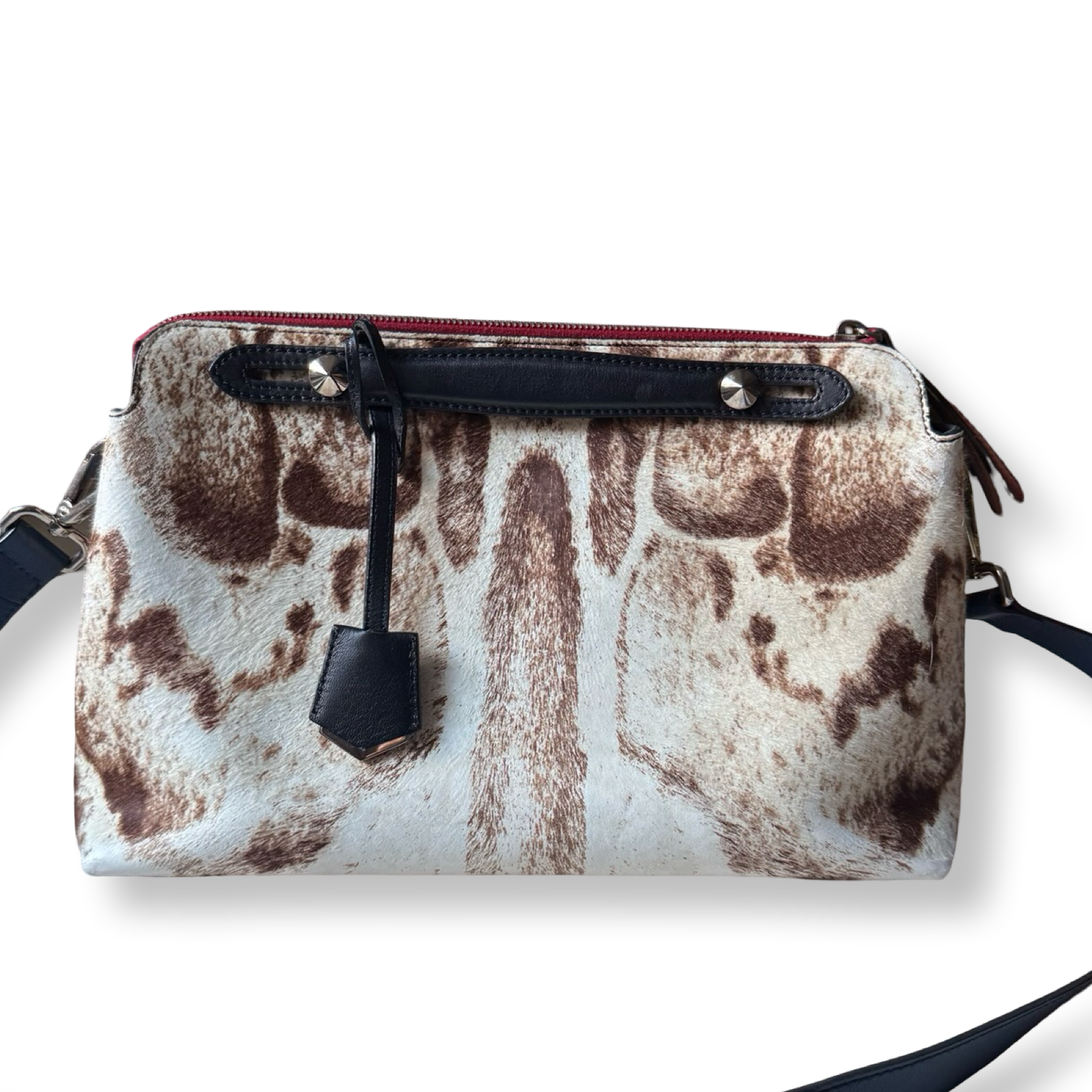 Fendi_Ponyhair_By_the_Way_tote animal pattern black leather blue and red strap