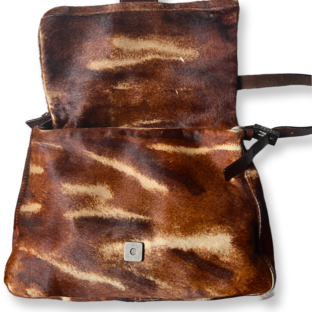 Fendi authentic mama baguette calf hair cowhide pattern brown shoulder bag