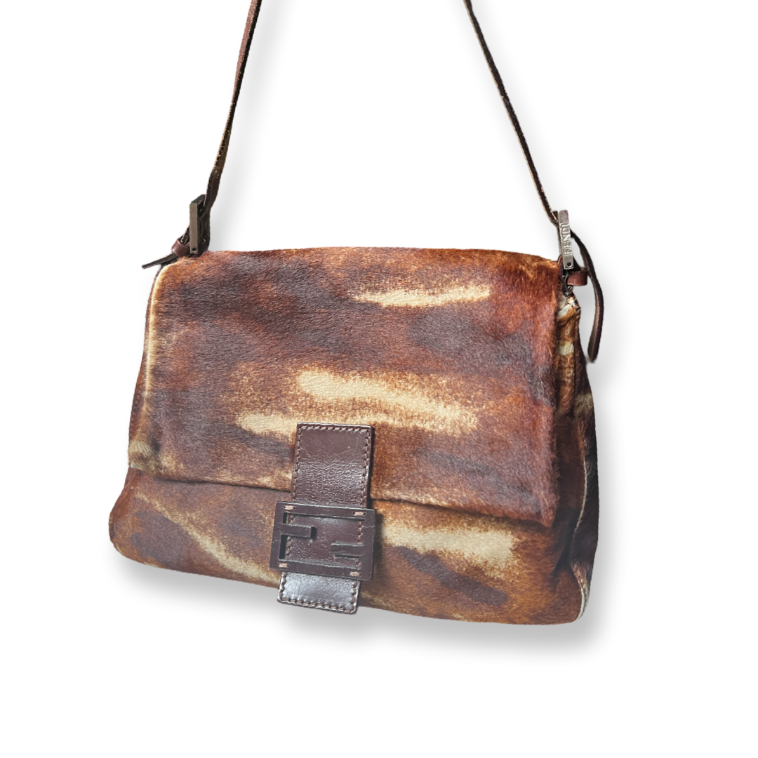 Retro Fendi Baguette Mama size calf hair animal pattern brown