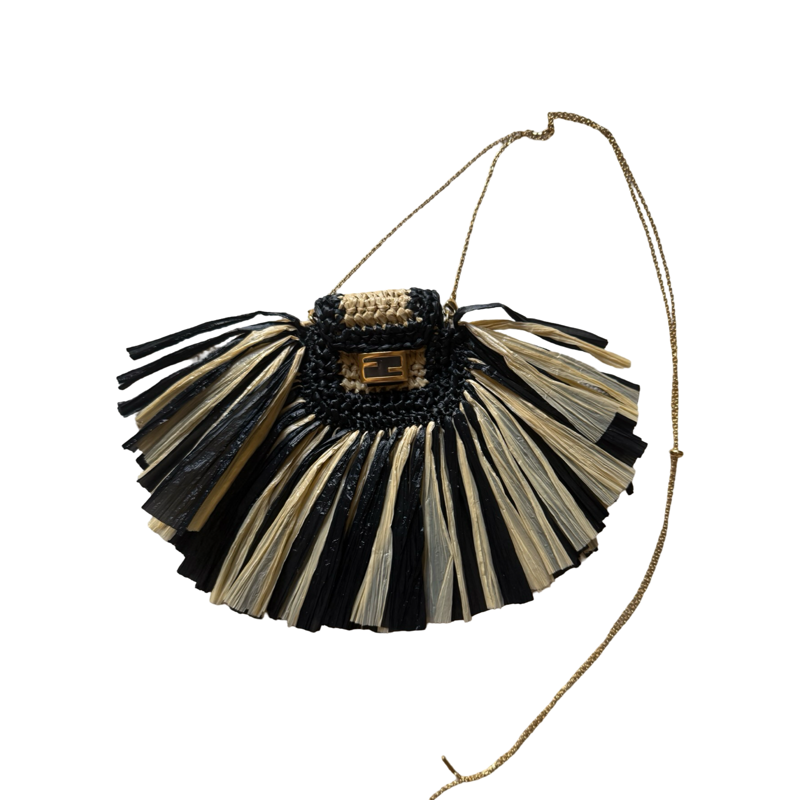 Fendi_Raffia_Woven_Pico_Baguette authetnic straw black and natural jewelry chain bag