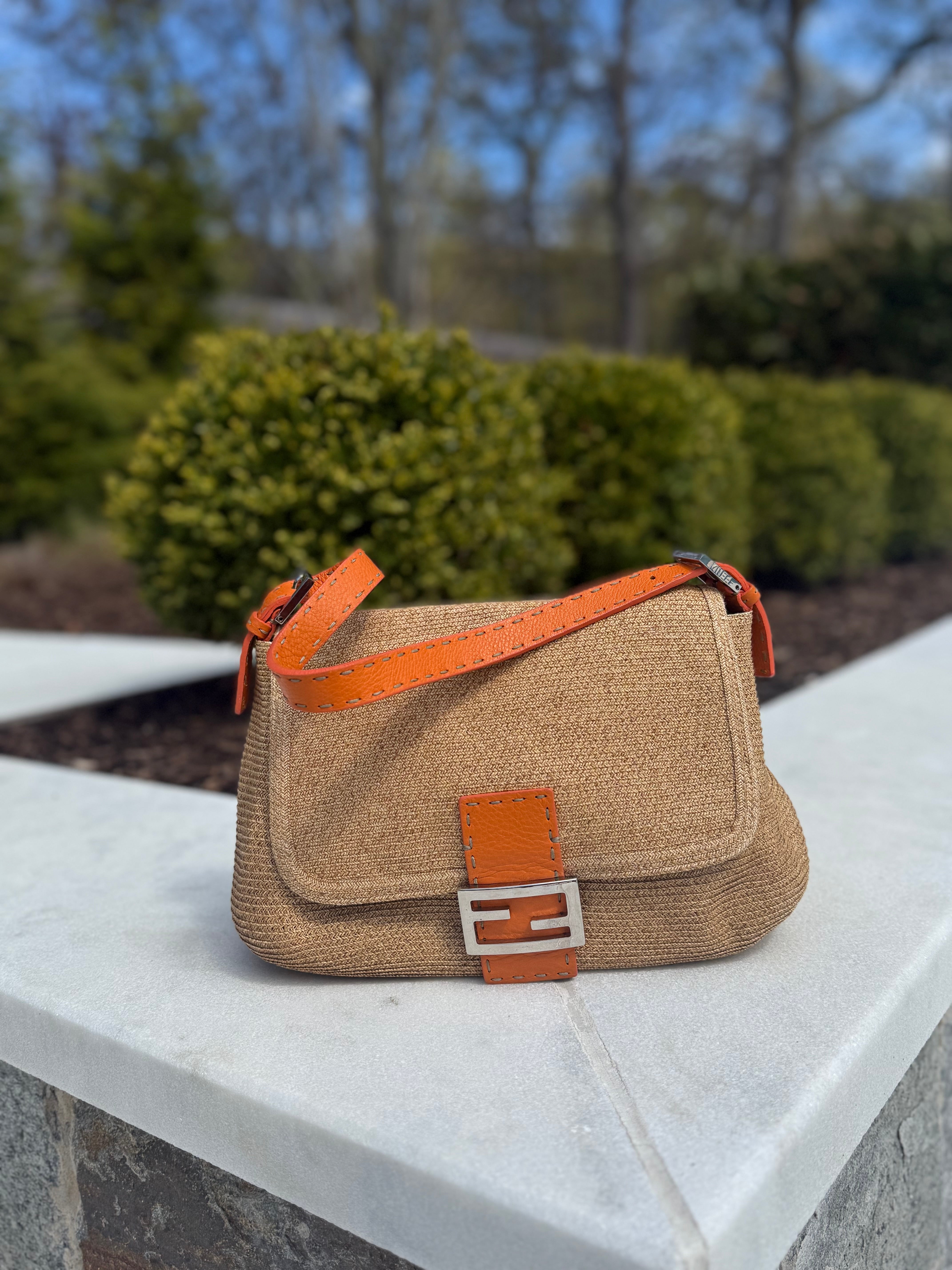 Fendi Selleria Vintage Baguette Woven Straw with Orange Leather Detail Mama Baguette Authentic