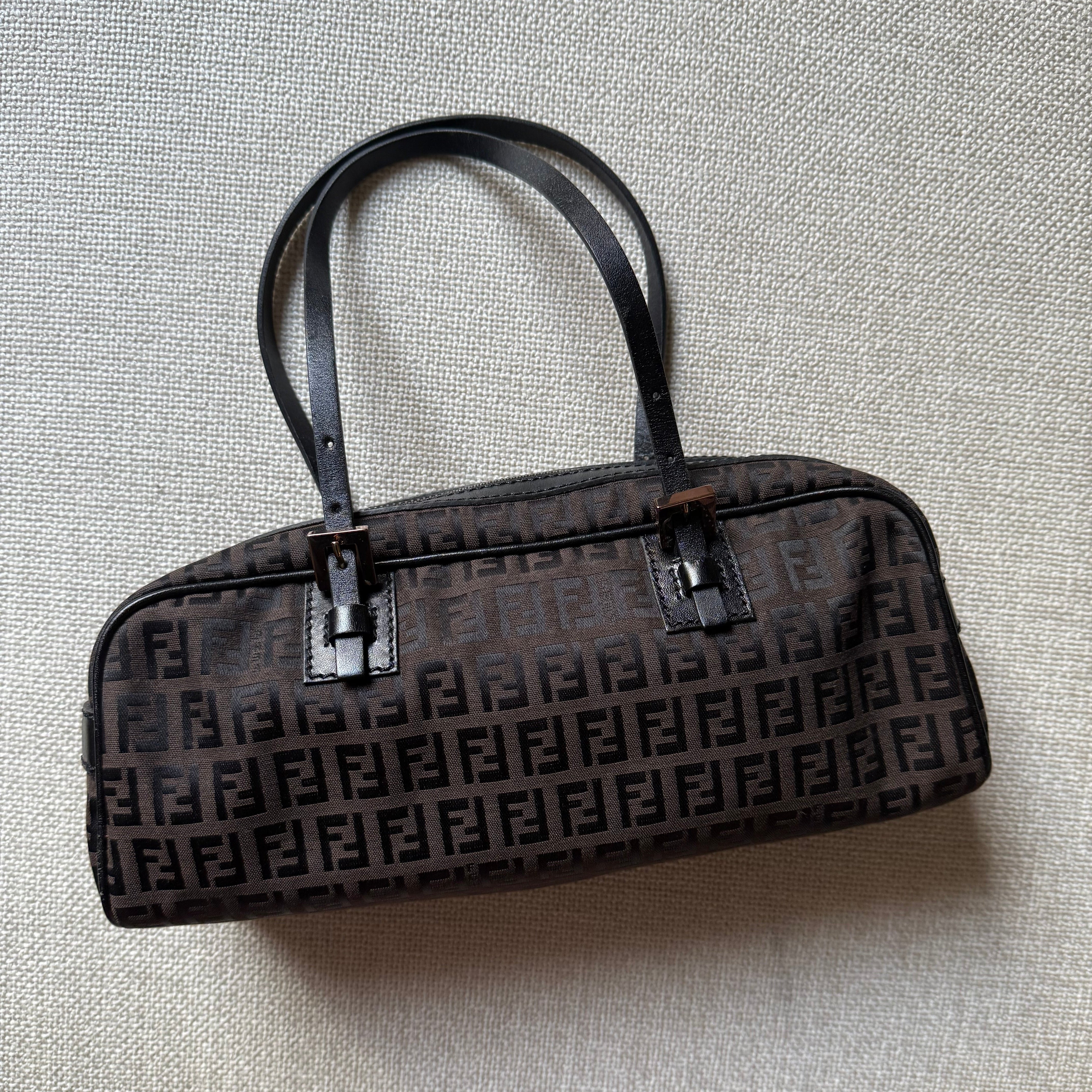 Fendi Vintage Zucchino East to West brown canvas mini FF pattern black leather handbag