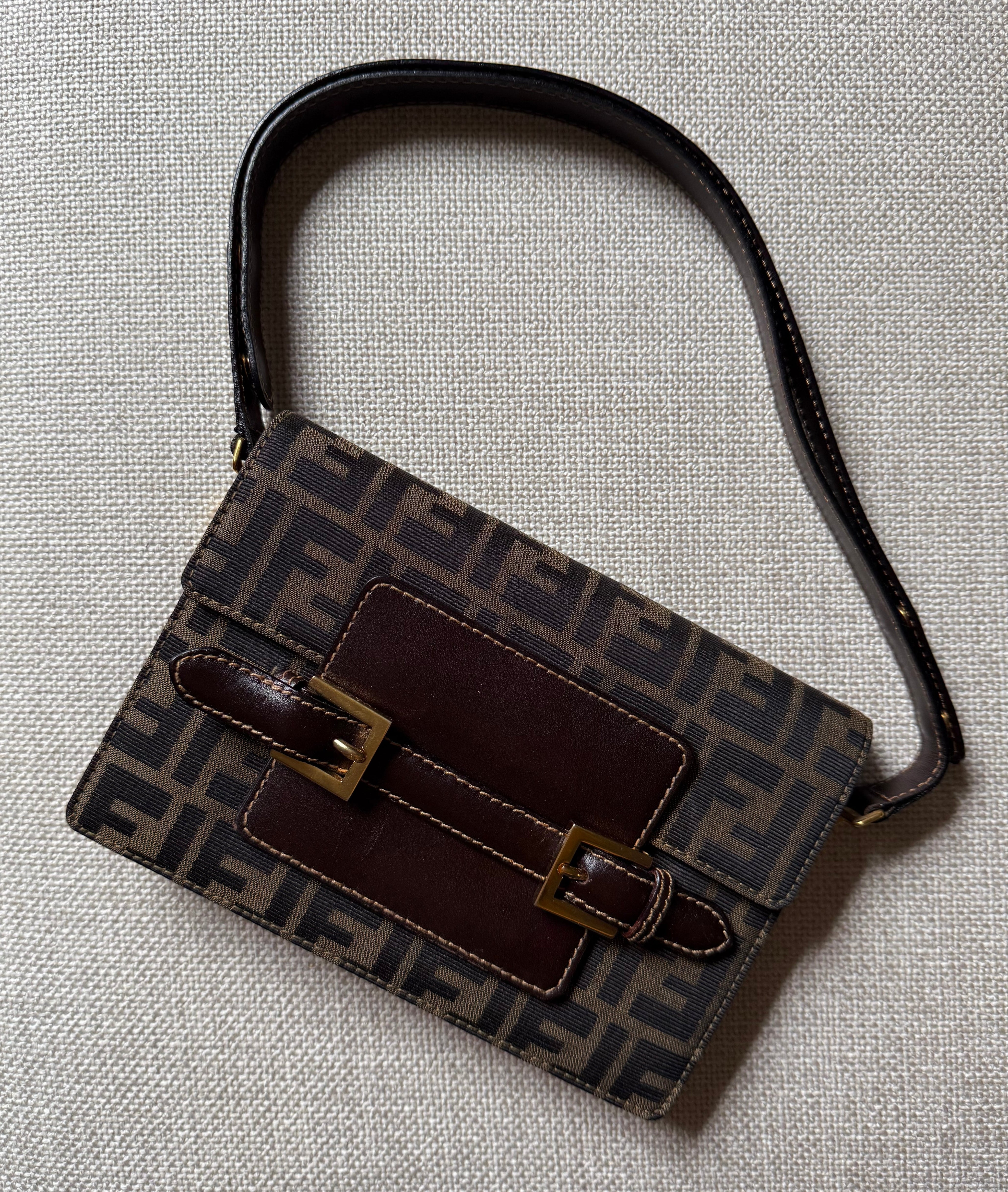 Fendi vintage zucca pattern brown leather shoulder bag authentic
