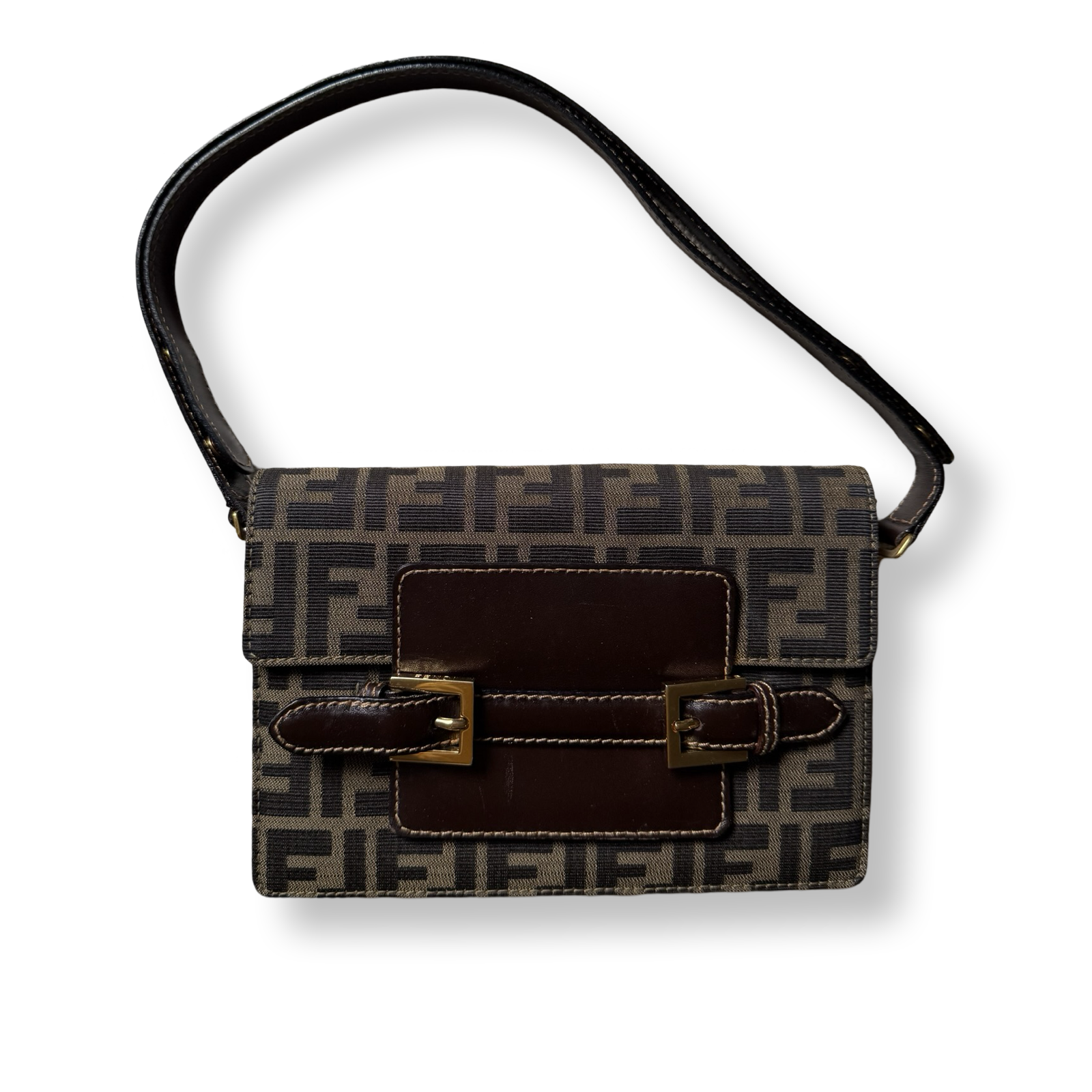 Fendi vintage authentic signature zucca pattern canvas & brown leather detail shoulder bag