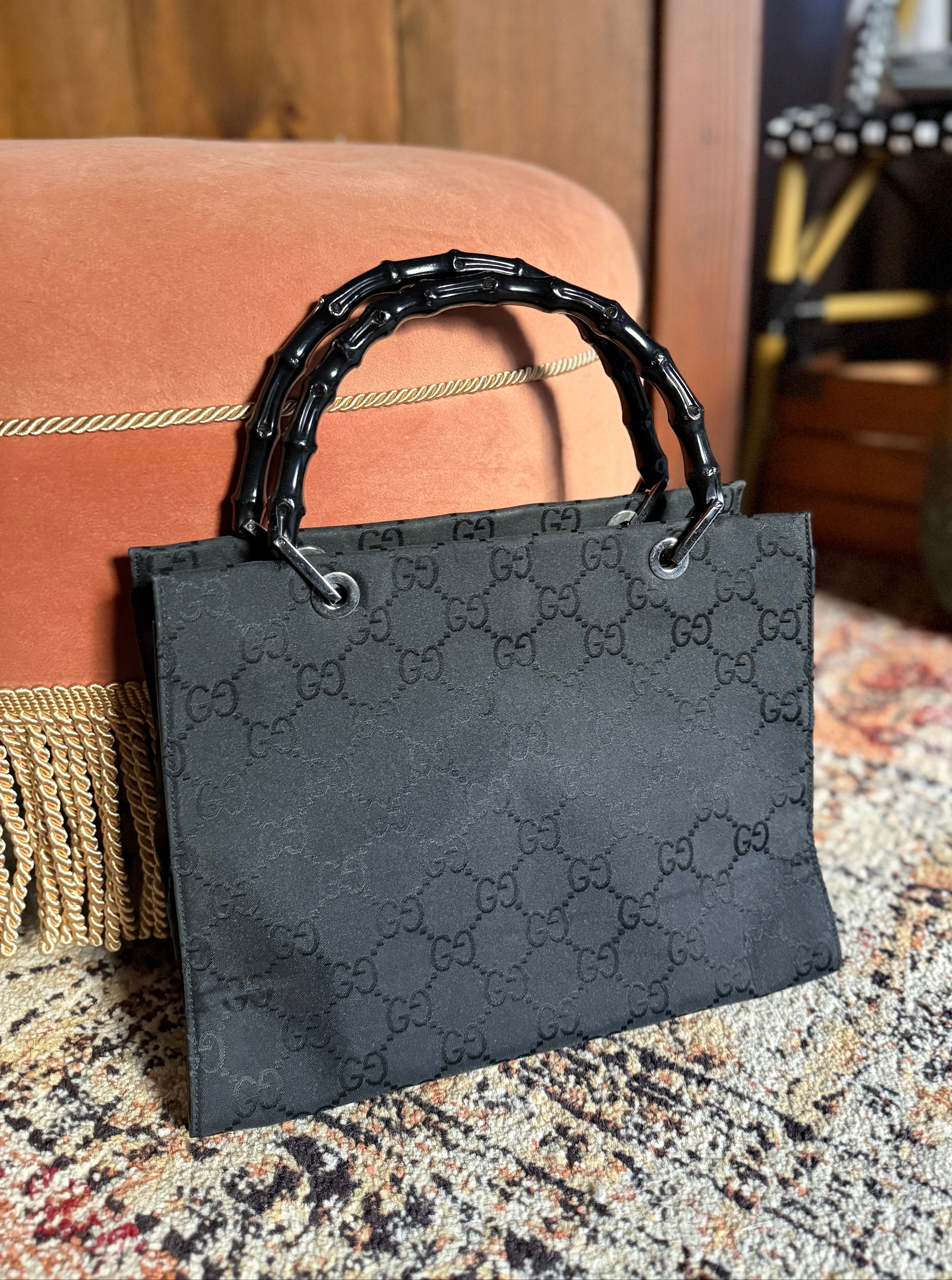 Gucci Vintage Authentic Black Canvas GG Black Rare Bamboo Handles Shopper Tote Bag