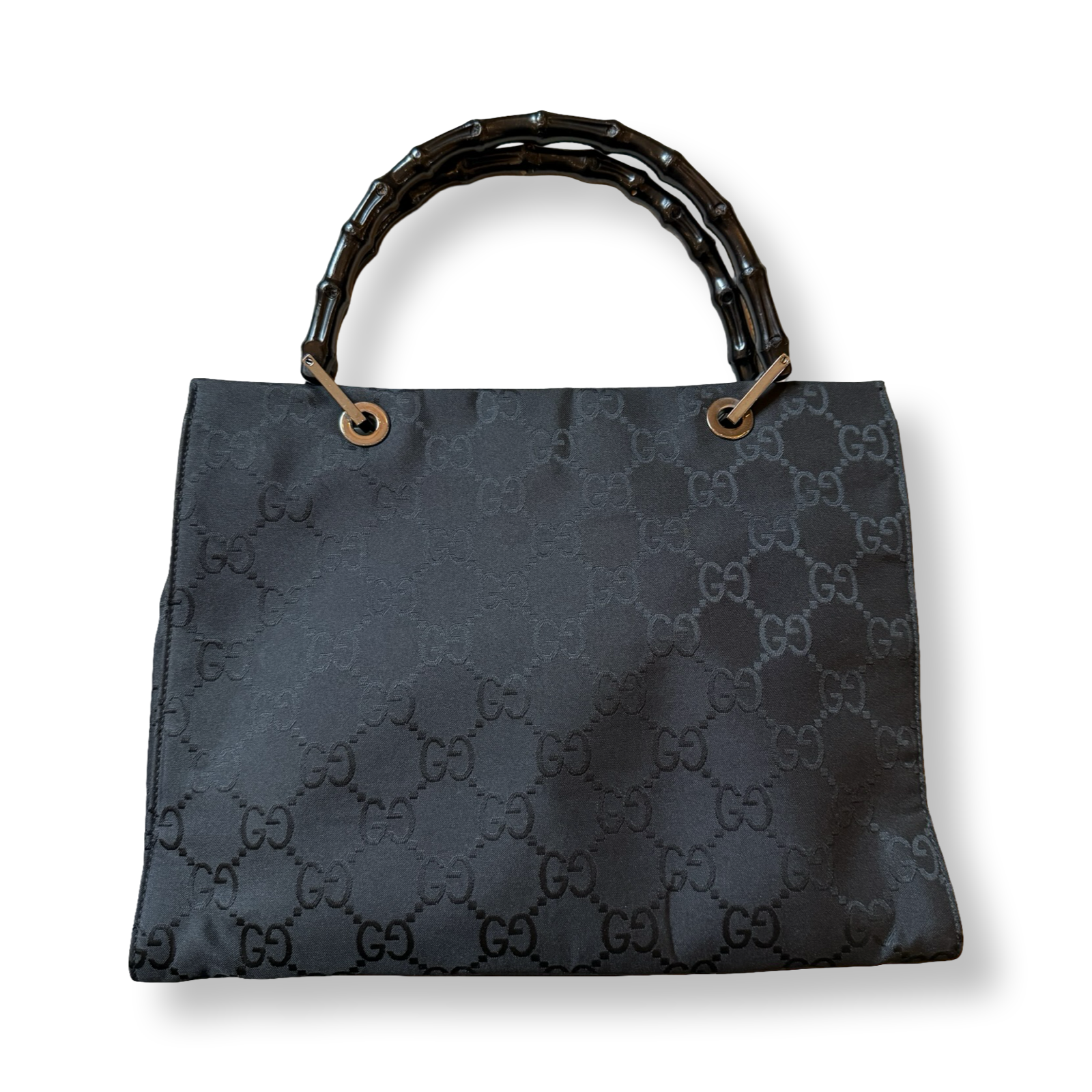 Gucci Black Vintage Bamboo handle Monogram Tote authentic