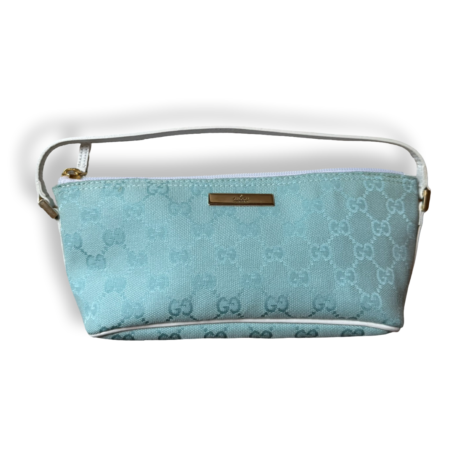 authentic y2k style gucci light blue boat shaped handbag white details gg pattern