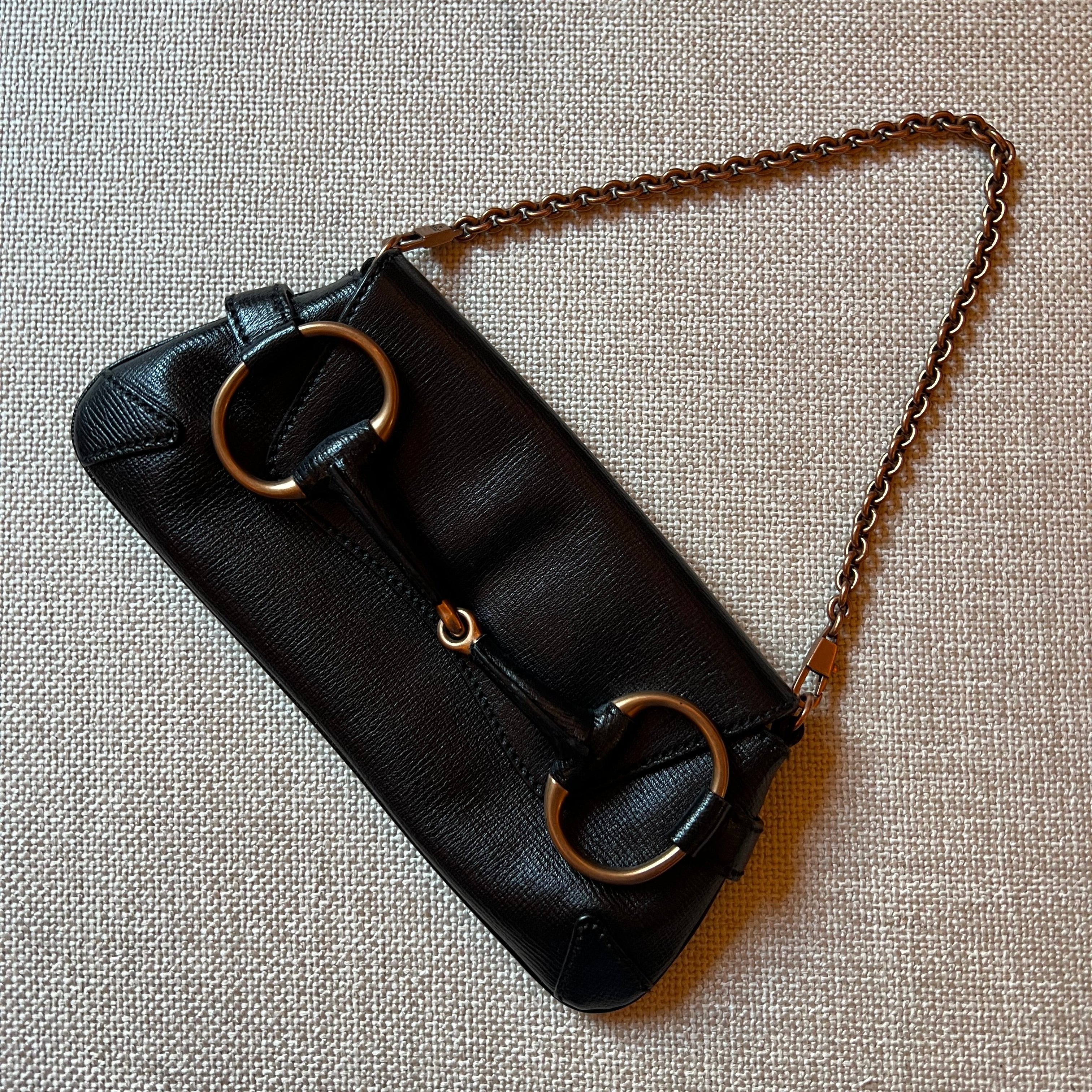 Gucci Black Leather Horsebit Chain Clutch Shoulder Bag