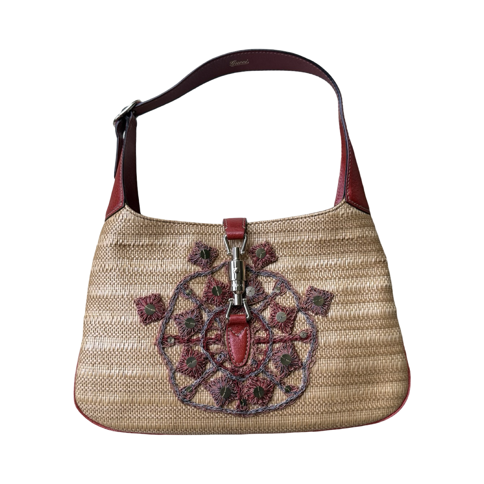 Gucci authentic raffia embroidered Jackie hobo bag y2k 00s boho red