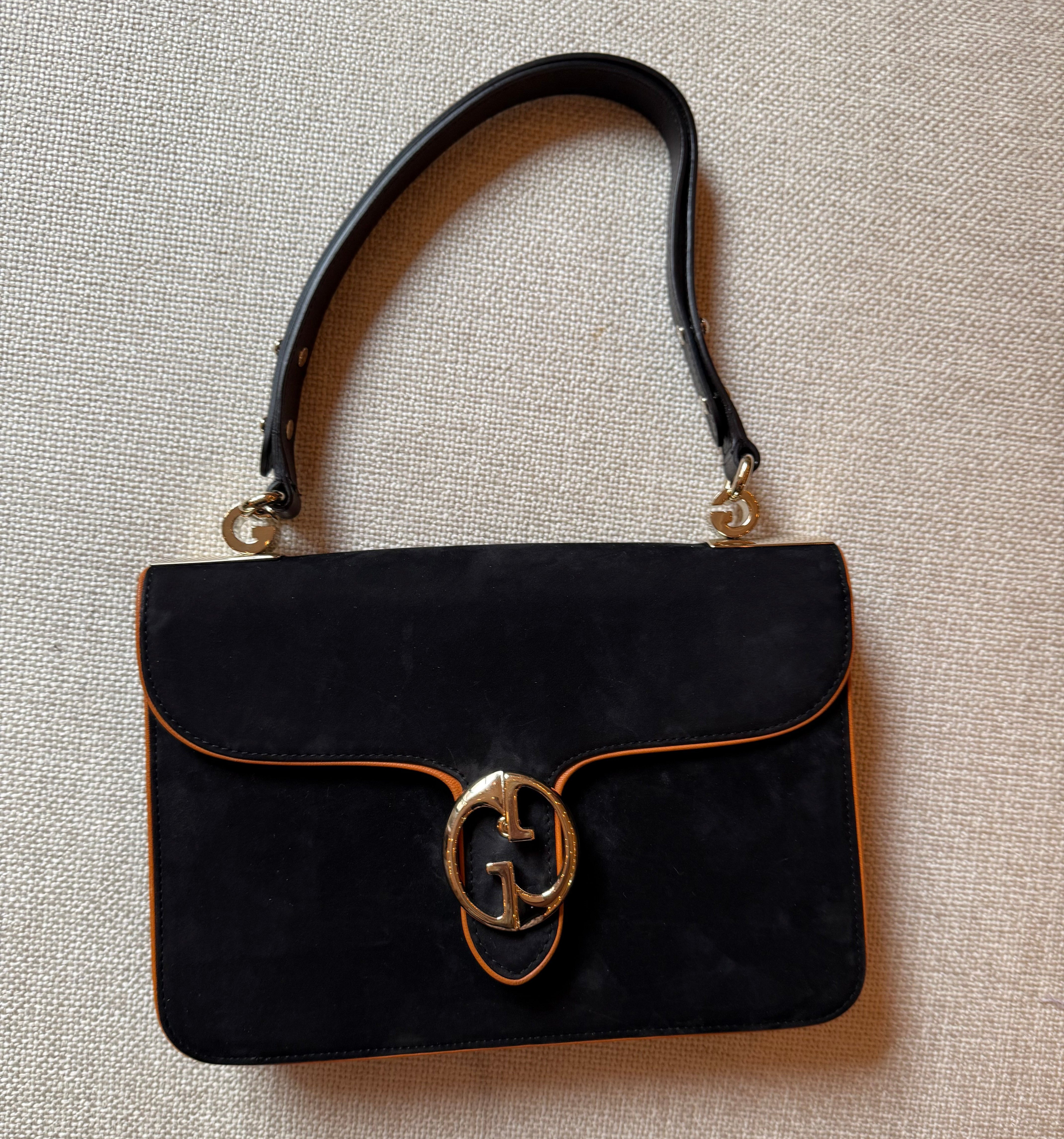 Gucci Black Suede '1973' Medium Shoulder Bag Authentic orange and black