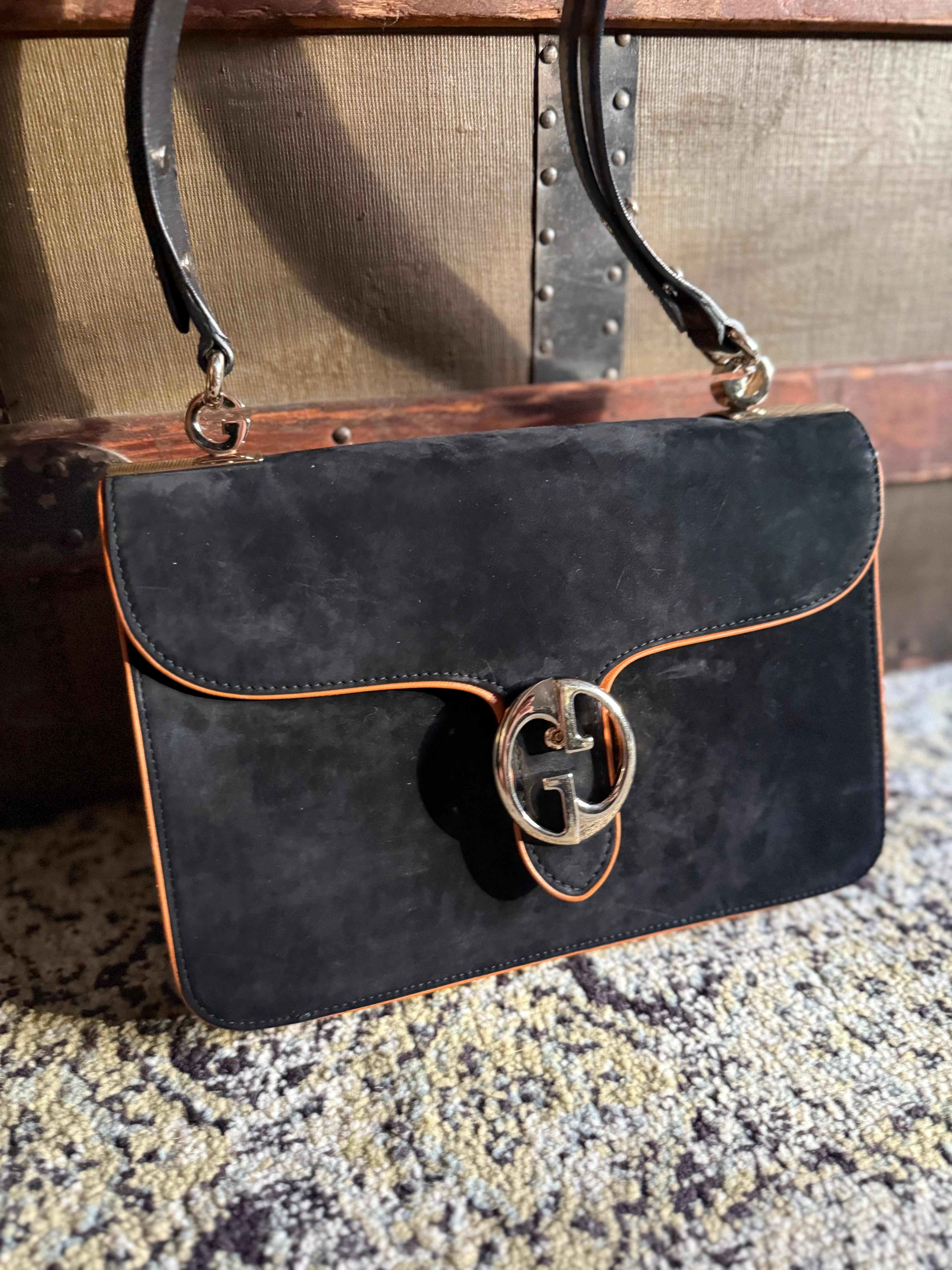 Gucci Suede Black Medium 1973 nubuck bag authentic shoulder