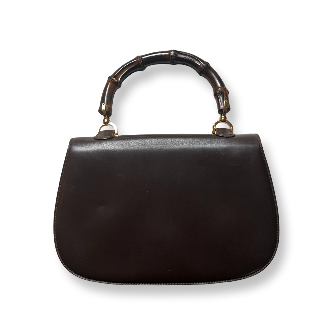 Vintage Authentic Gucci Bamboo Top Handle Bag Brown Leather