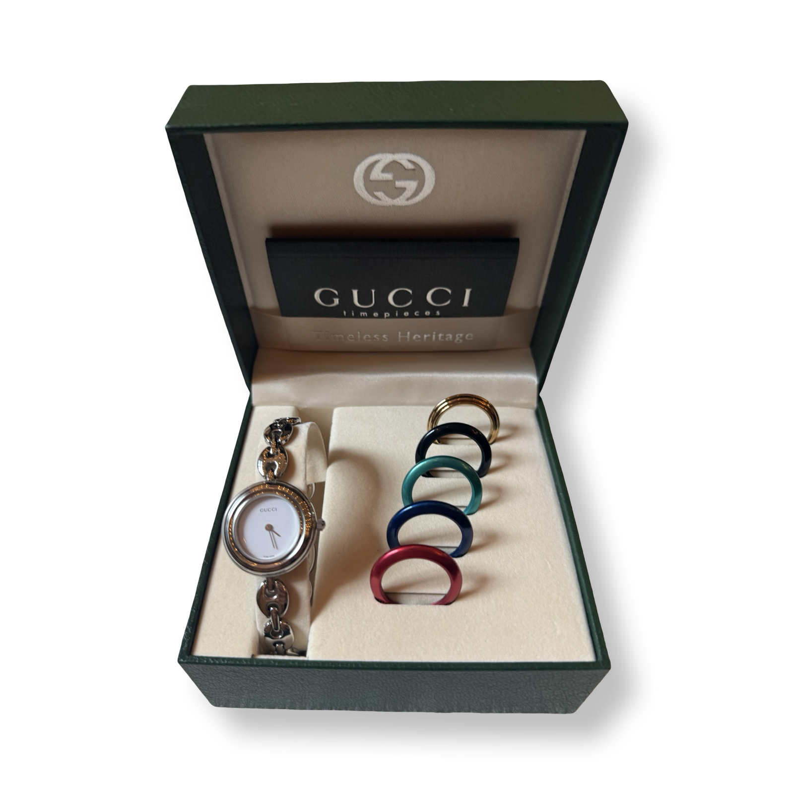 Gucci Vintage 90s Change Bezel Watch Silver mariner chain authentic with box and paperwork