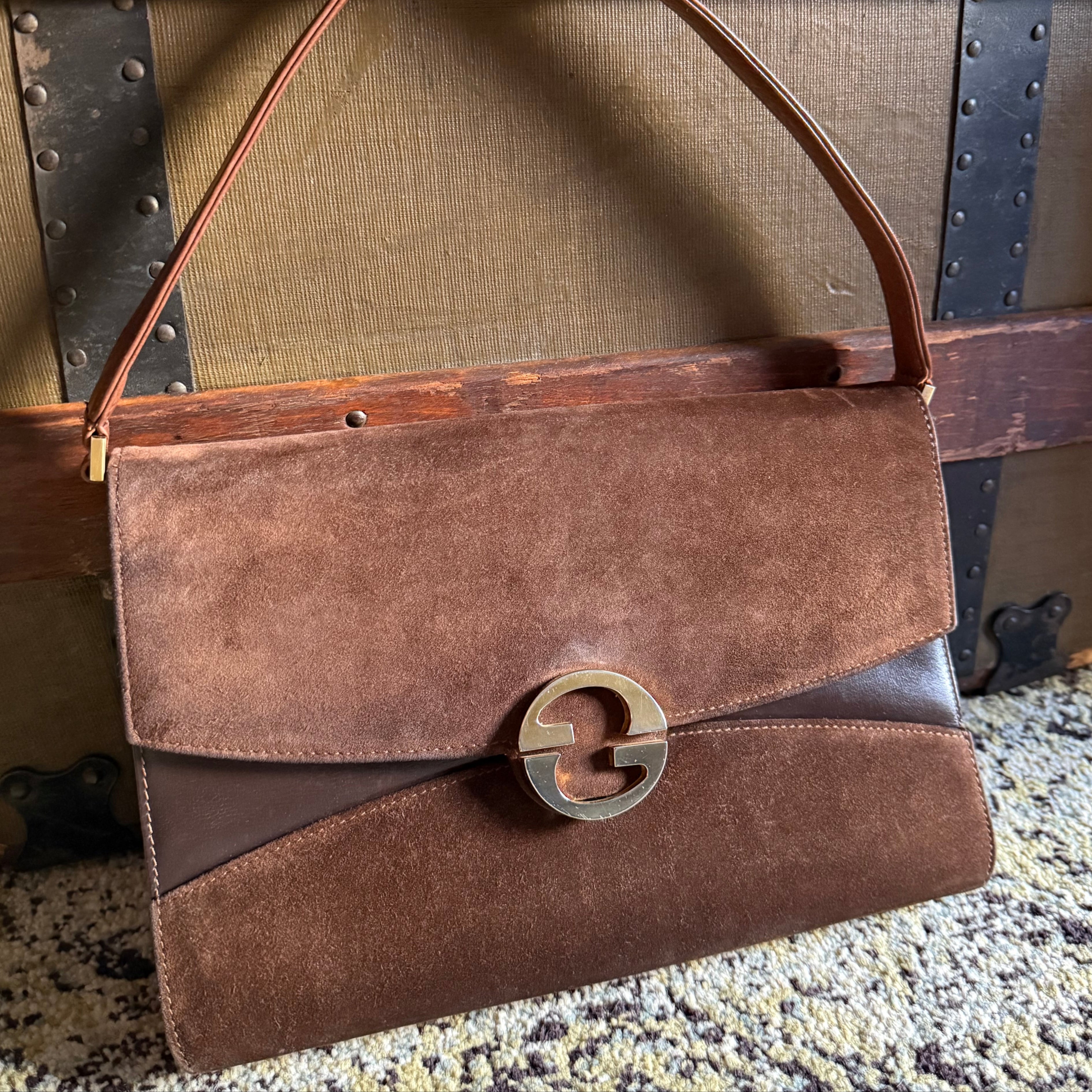 Gucci Vintage Brown Suede Shoulder Bag authentic 1970s Chocolate Leather