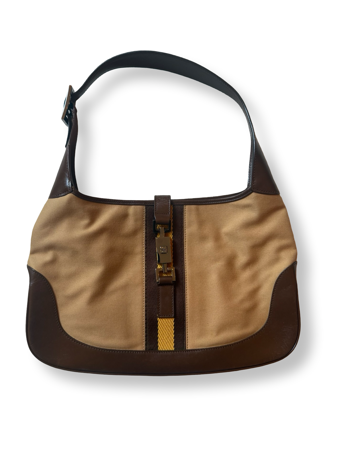 Gucci Vintage Jackie Shoulder Bag Camel and yellow canvas brown leather authentic 90s Tom Ford era gucci