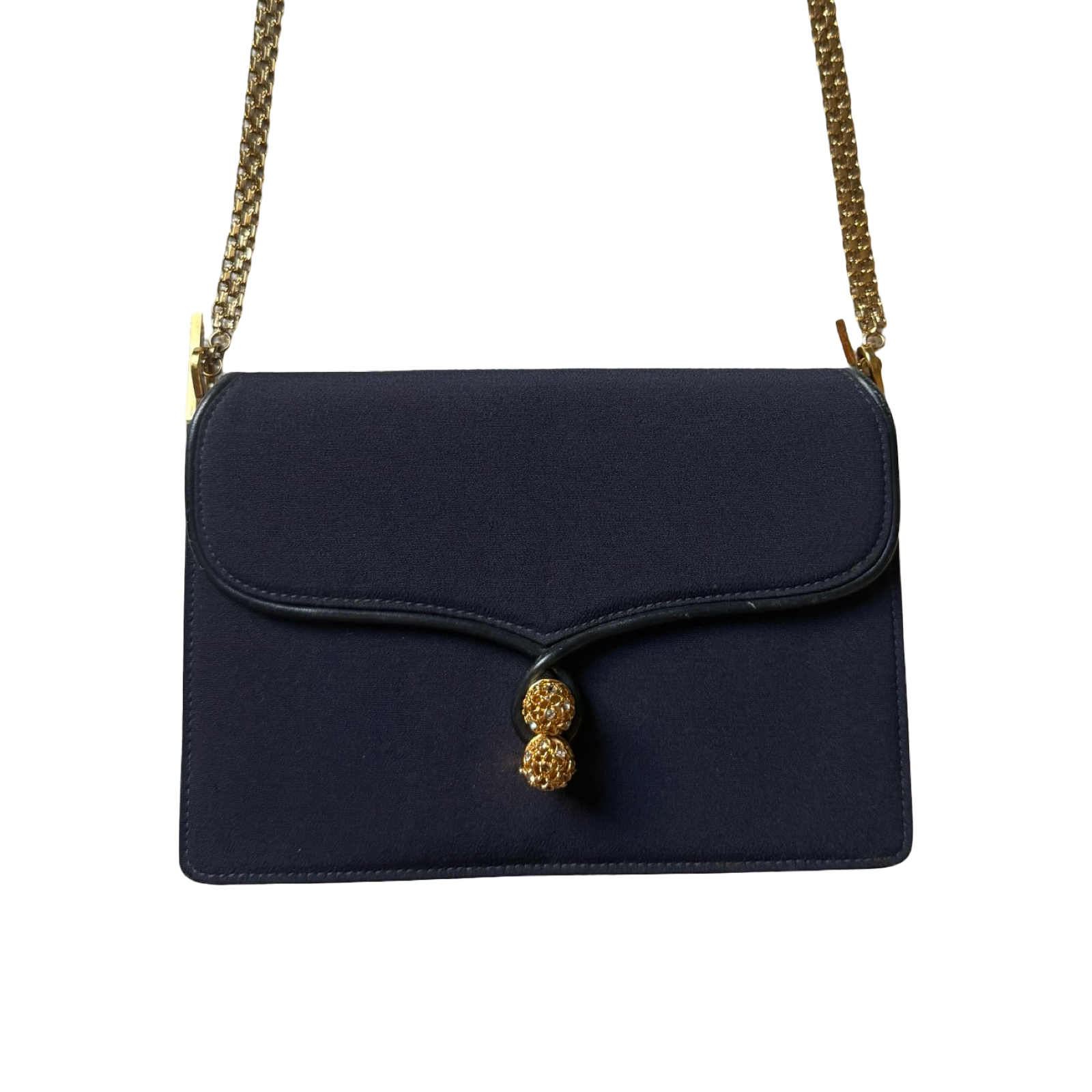Authentic 1970s Gucci_Vintage evening bag navy canvas & leather jewelry chain gold hardware