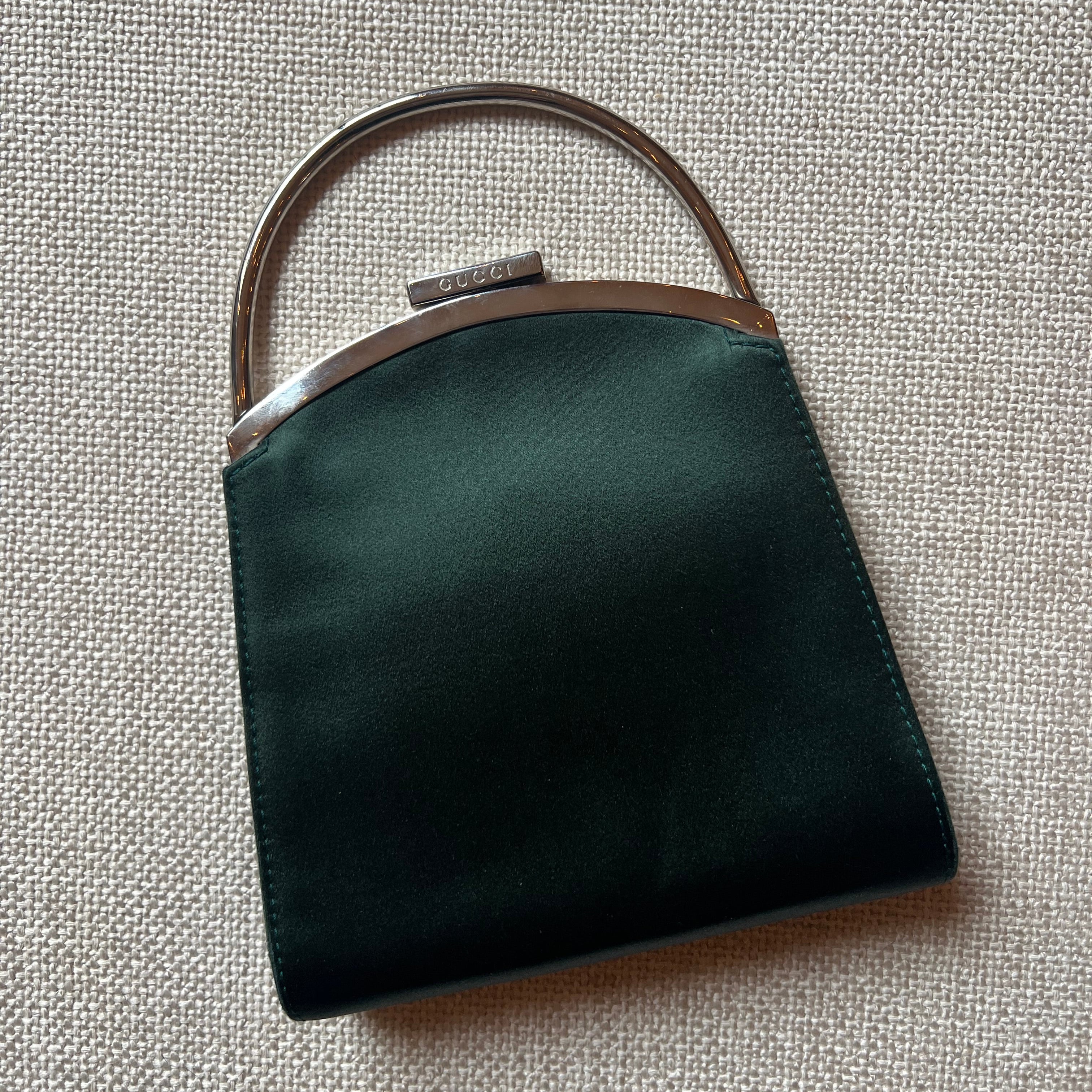 Vintage 70s Gucci Green Satin Silver structured top handle evening purse