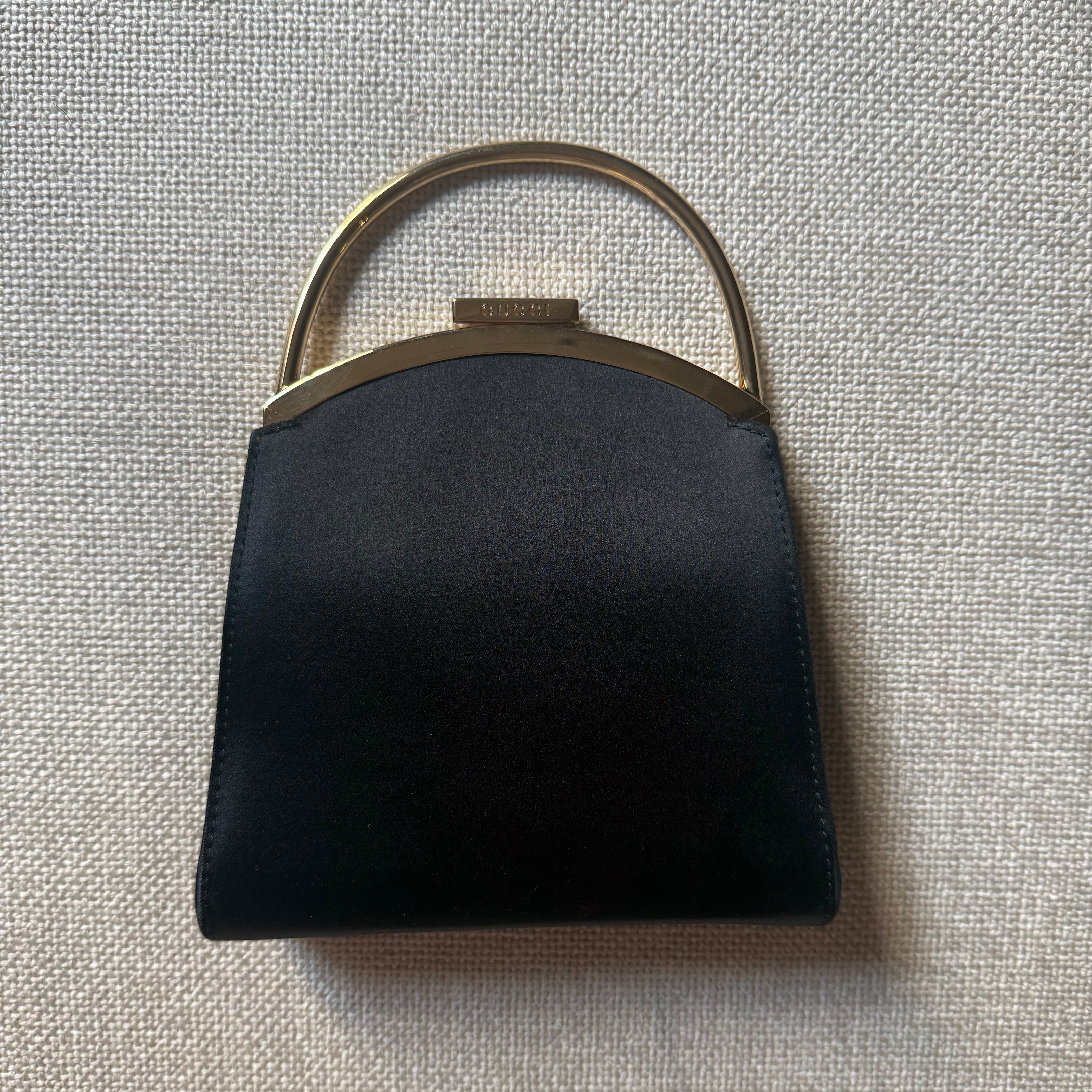 Gucci authentic 1970s vintage satin evening bag black with gold hardware