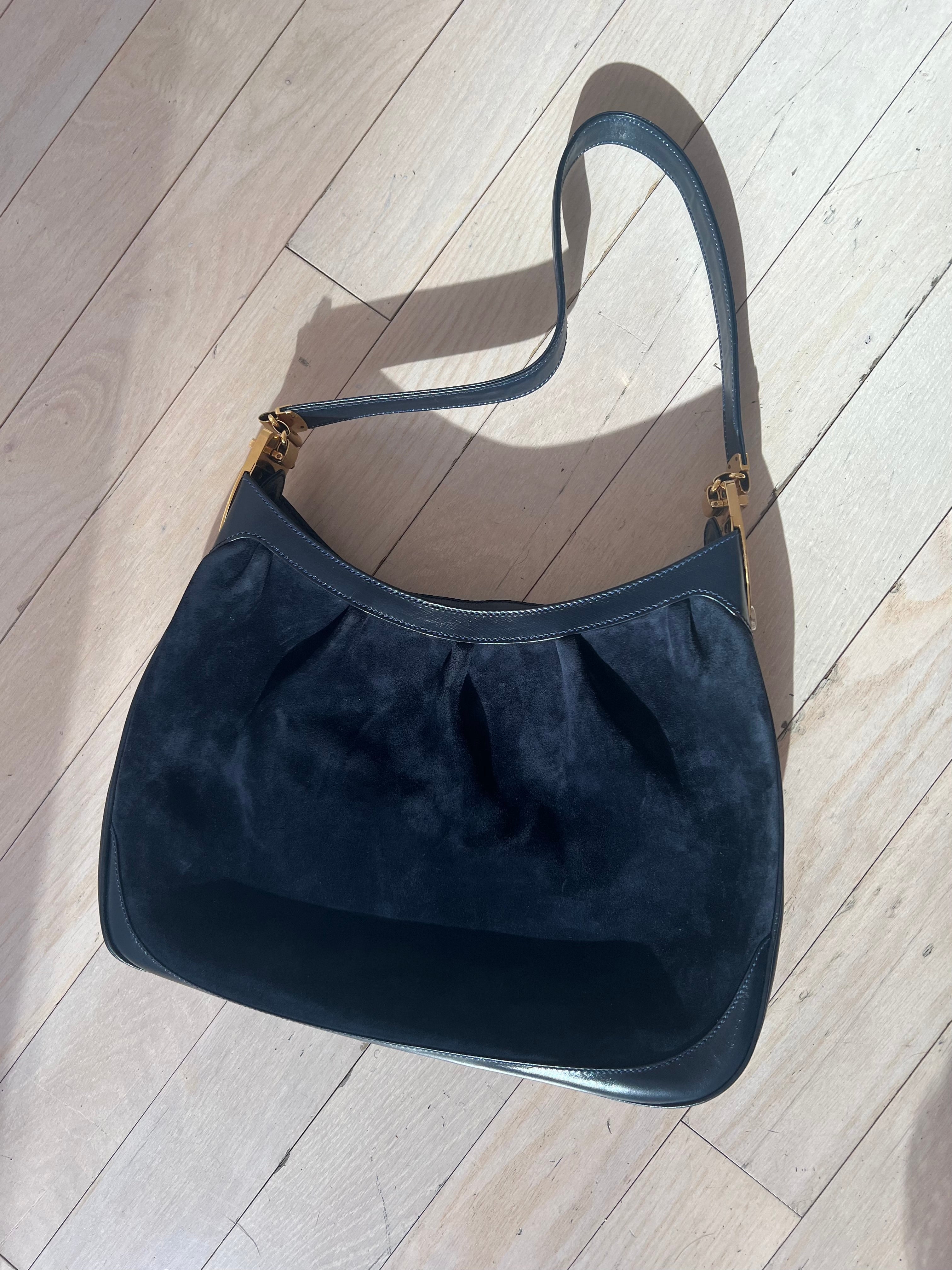 authentic vintage 70s gucci bag blue suede navy leather